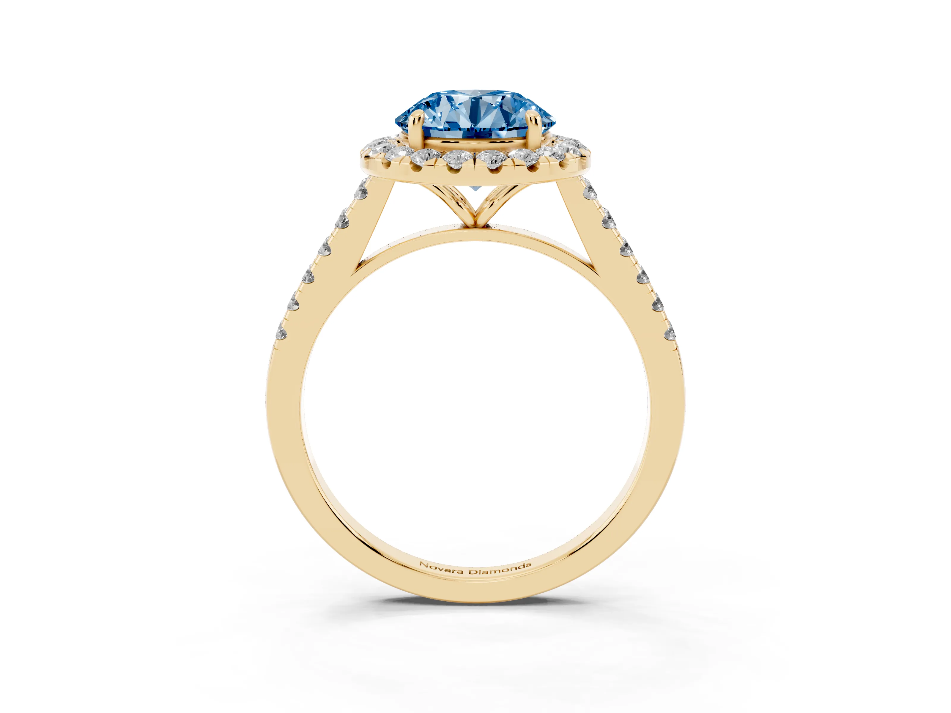 Fancy Blue Round Cut Diamond Halo Pavé Engagement Ring Set in Yellow gold with Prong Setting