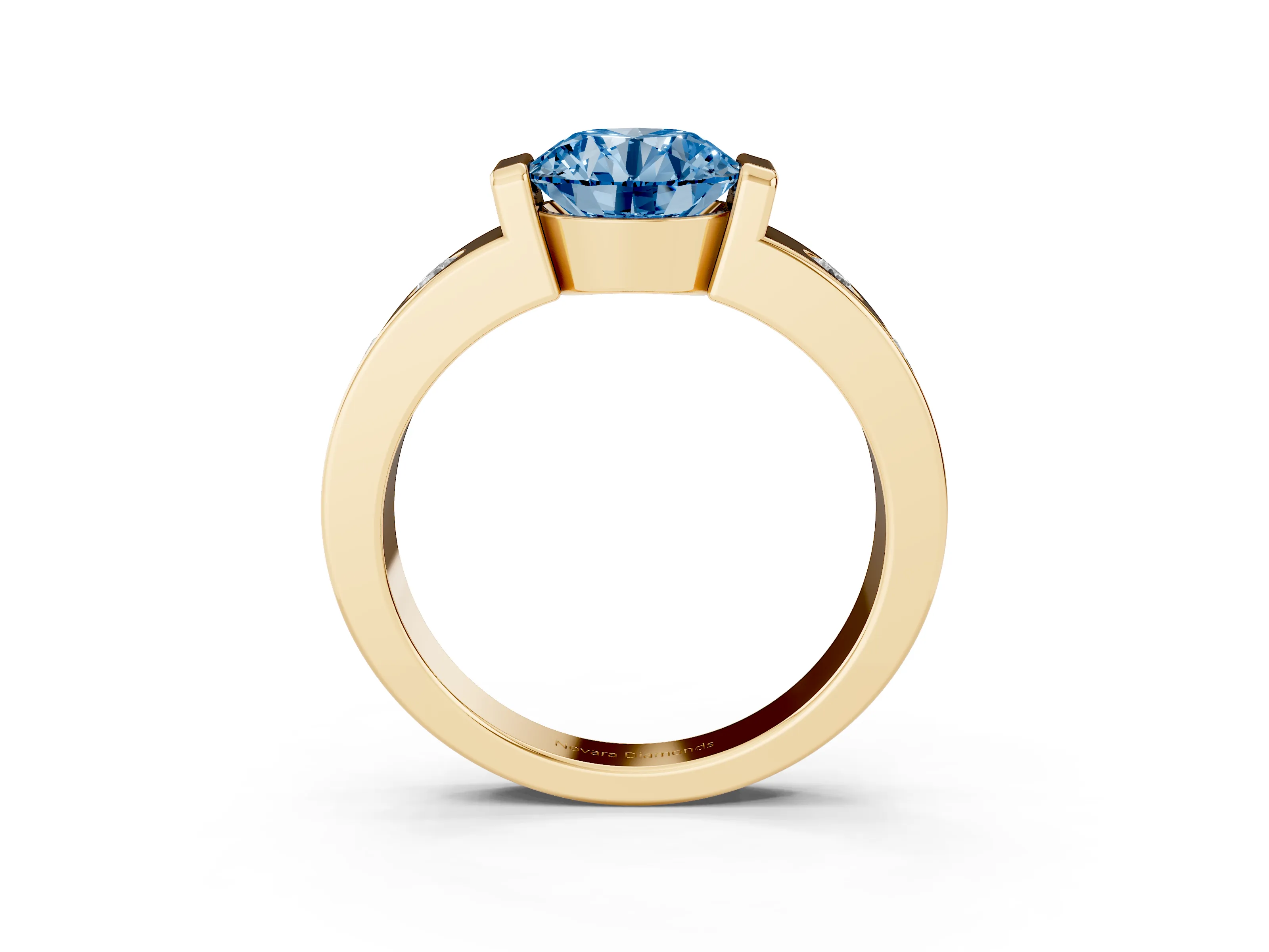Fancy Blue Round Cut Diamond Channel-Set Band Ring Set in Yellow gold with Bezel Prong Setting