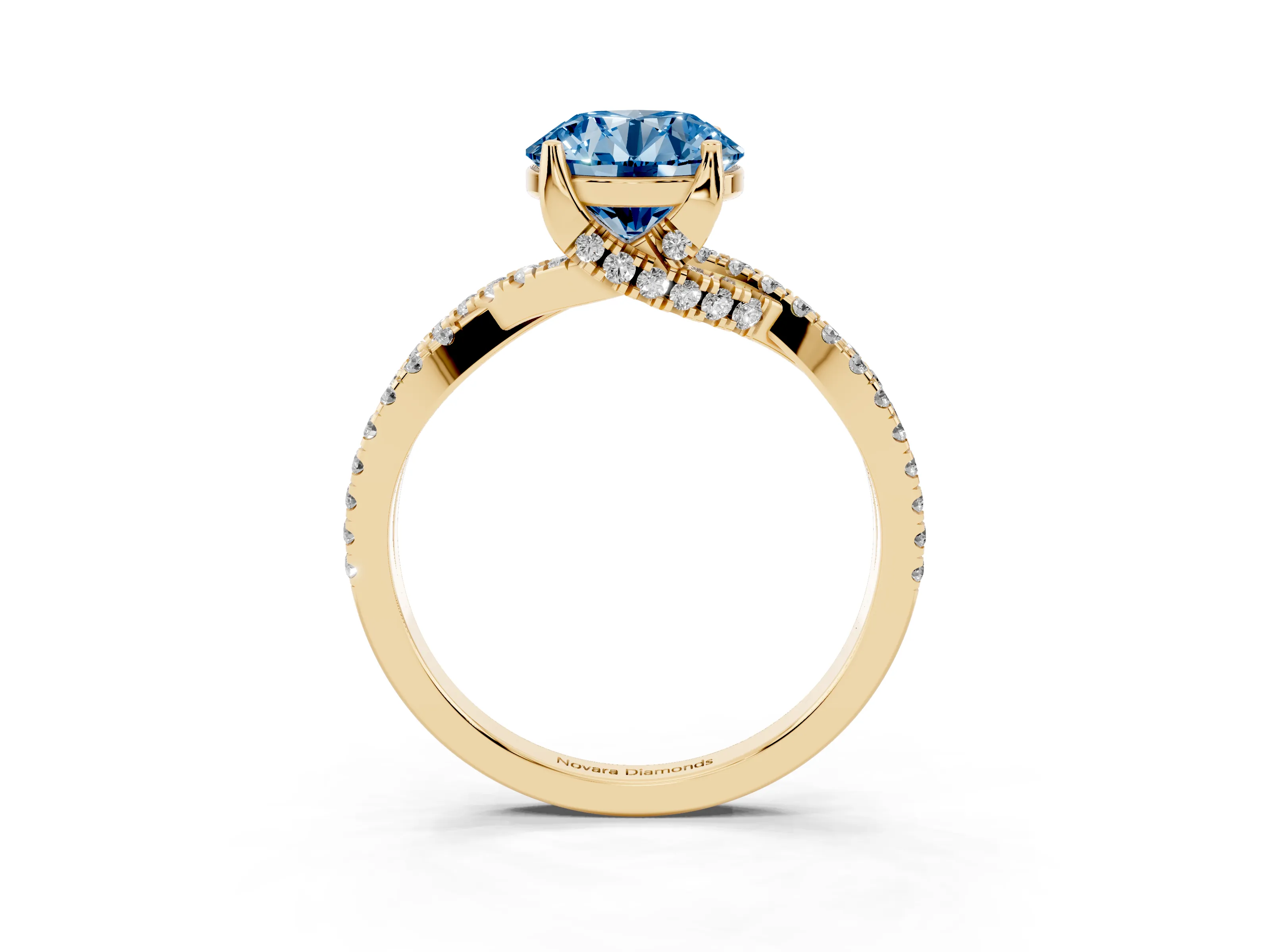 Fancy Blue Round Cut Diamond Twist Pavé Solitaire Engagement Ring Set in Yellow gold with Prong Setting