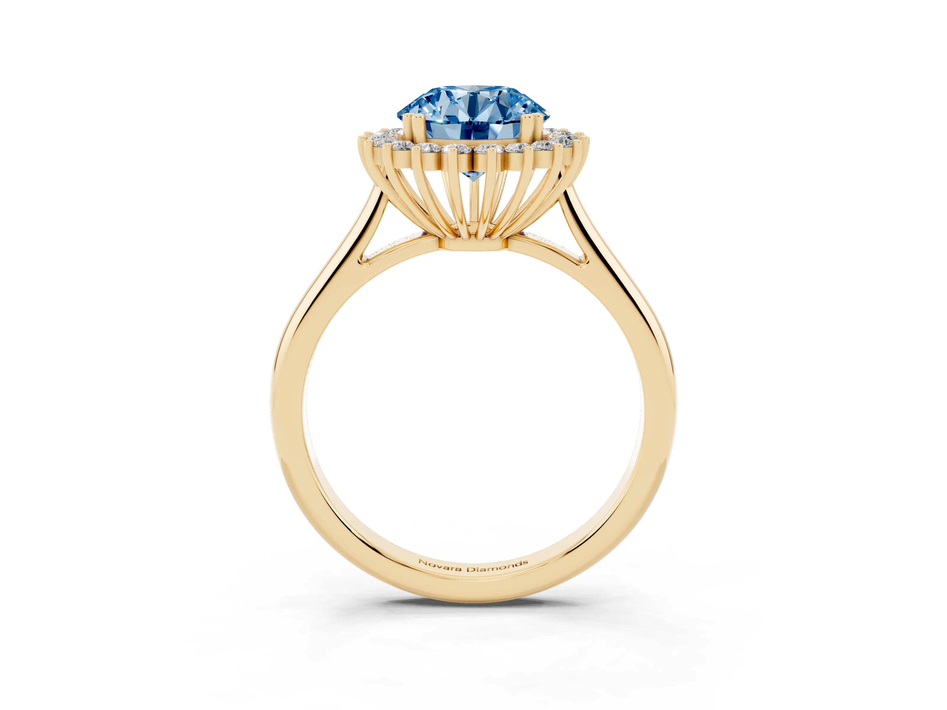 Fancy Blue Round Cut Diamond Halo Ring Set in Yellow gold with Plain Solitaire Band and Prong Setting