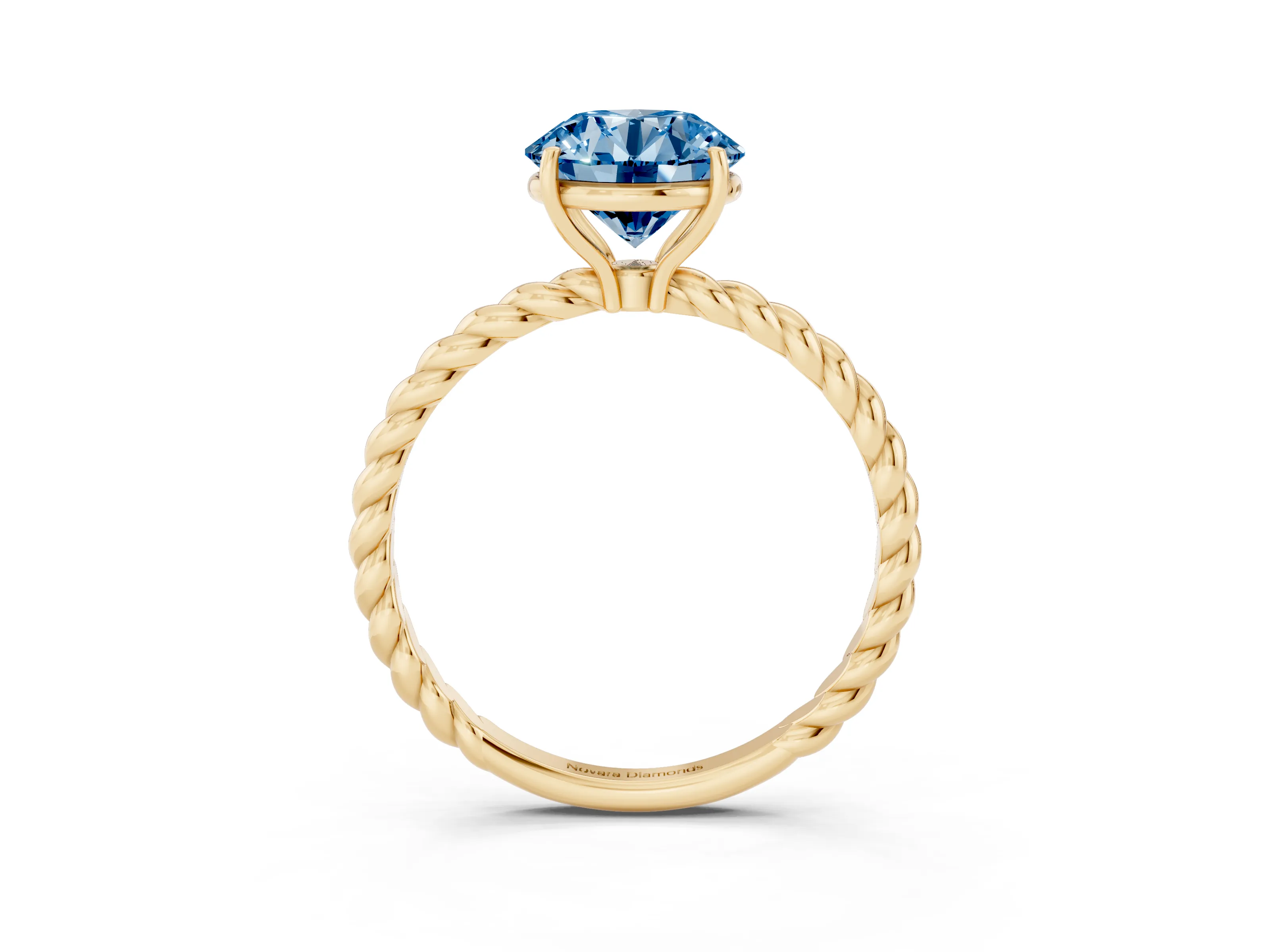 Fancy Blue Round Cut Diamond Solitaire Ring Set in Yellow gold with Twist Band and Prong Setting