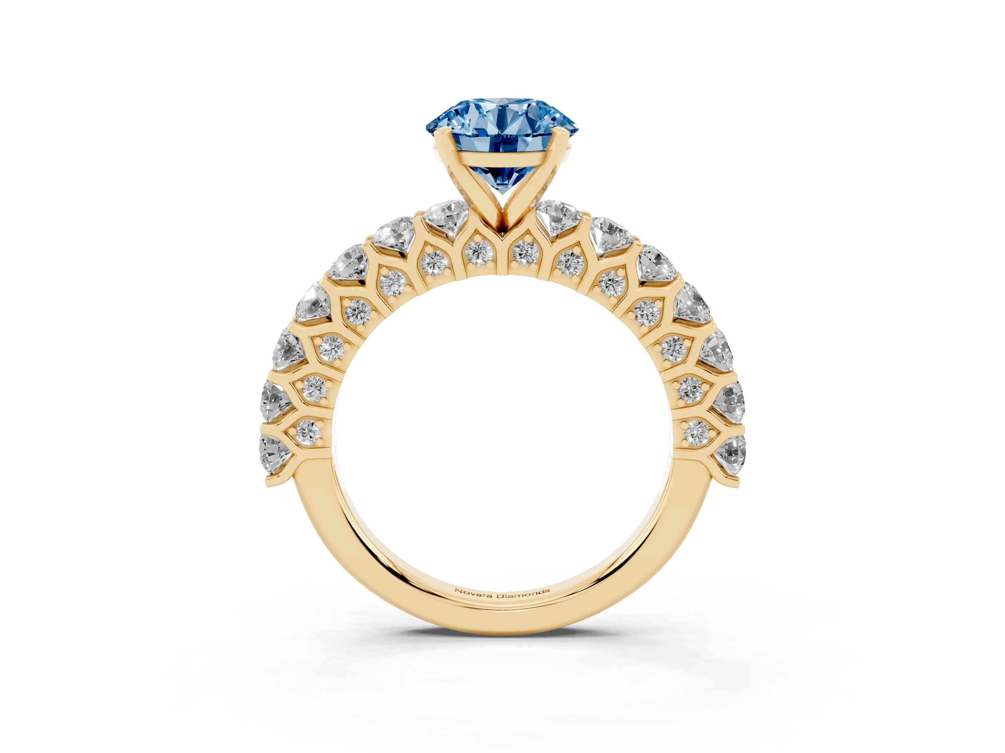 Fancy Blue Round Cut Diamond Solitaire Ring Set in Yellow gold with Shared Prong Pavé Band
