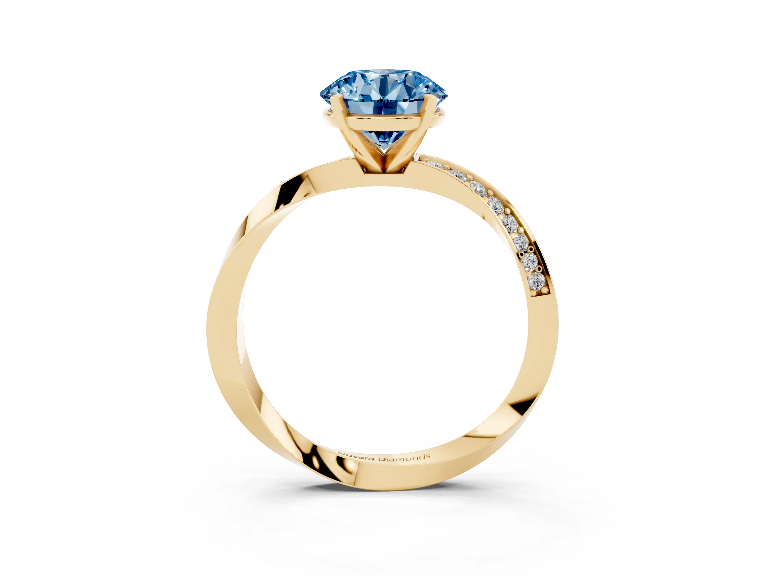 Fancy Blue Round Cut Diamond Engagement Ring Set in Yellow gold with Side Stone Accents and Prong Setting