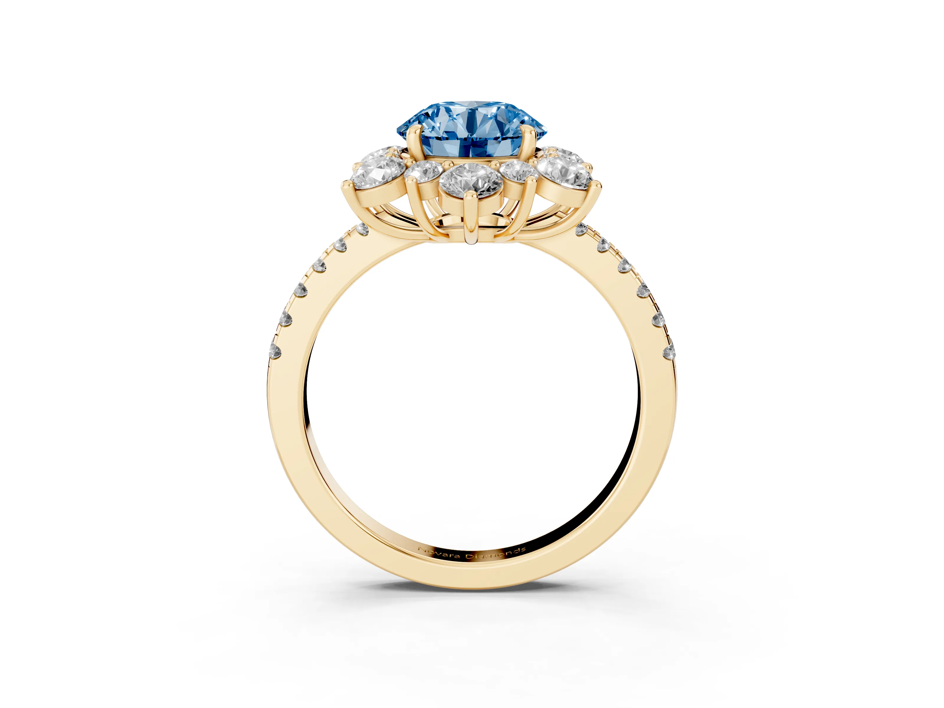 Fancy Blue Round Cut Diamond Floral Halo Ring Set in Yellow gold with Round Pavé Band and Prong Setting