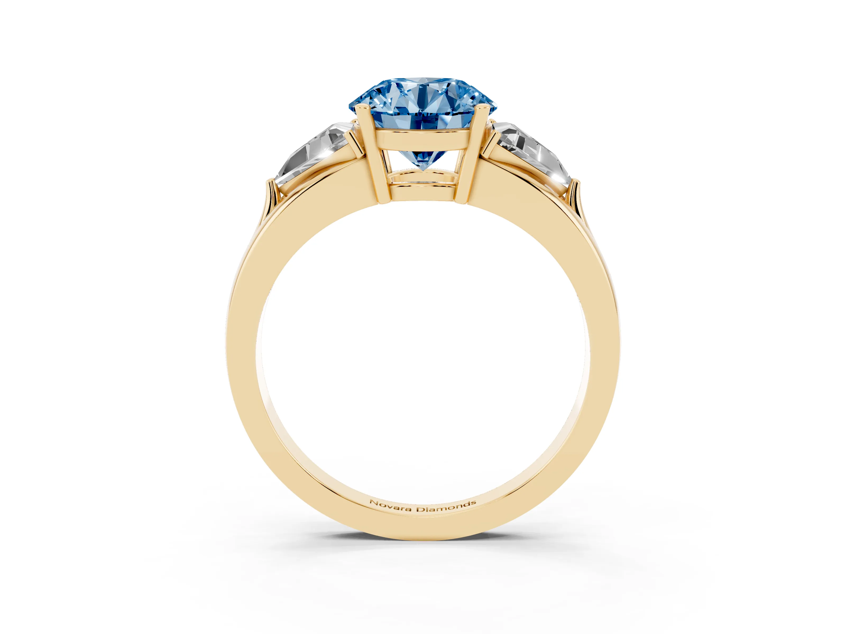 Fancy Blue Round Cut Diamond Three-Stone Ring Set in Yellow gold with Trillion Side Stones and Split Shank
