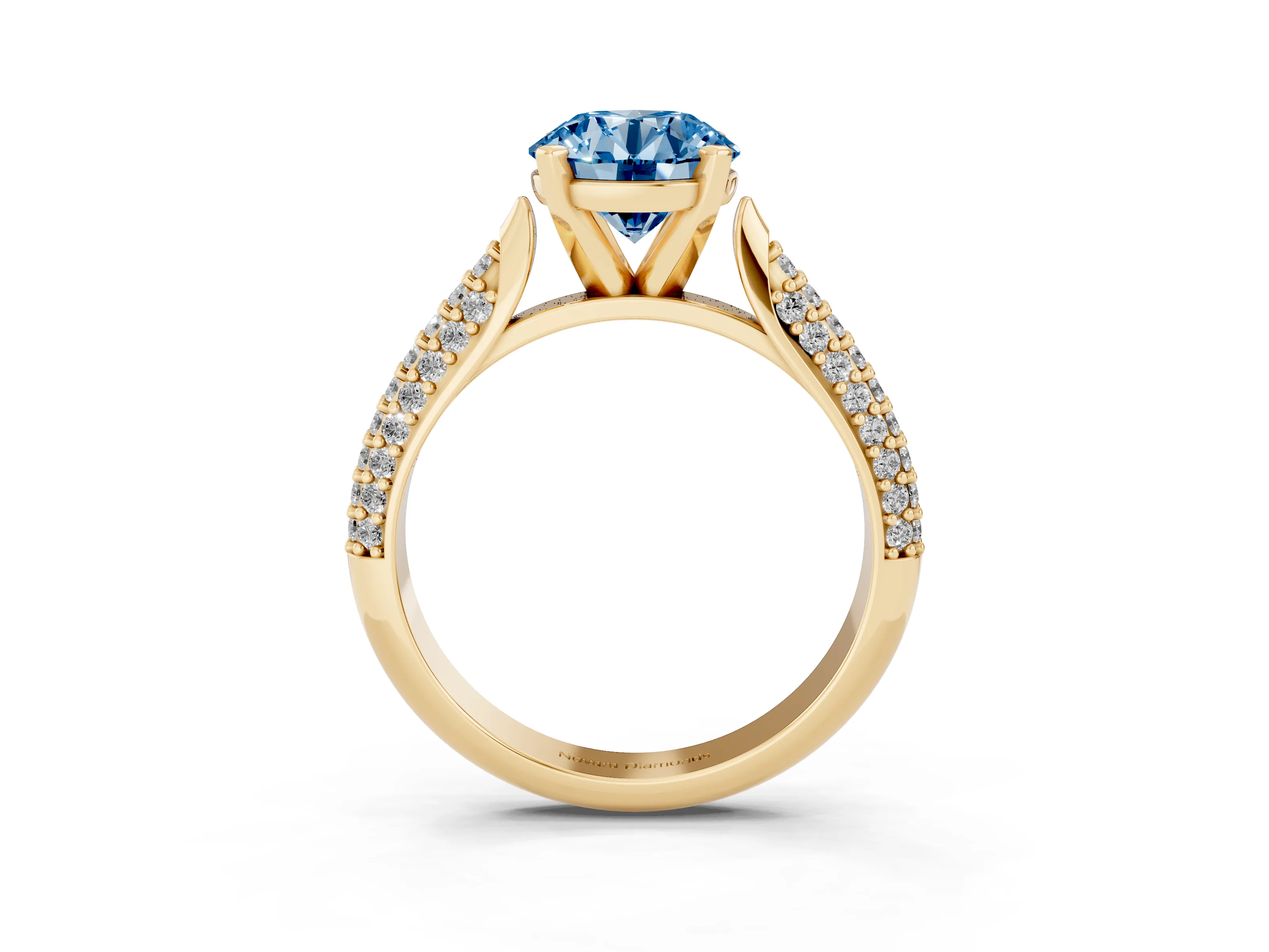 Fancy Blue Round Cut Diamond Solitaire Engagement Ring Set in Yellow gold with Multi-Row Round Pavé Band and Prong Setting