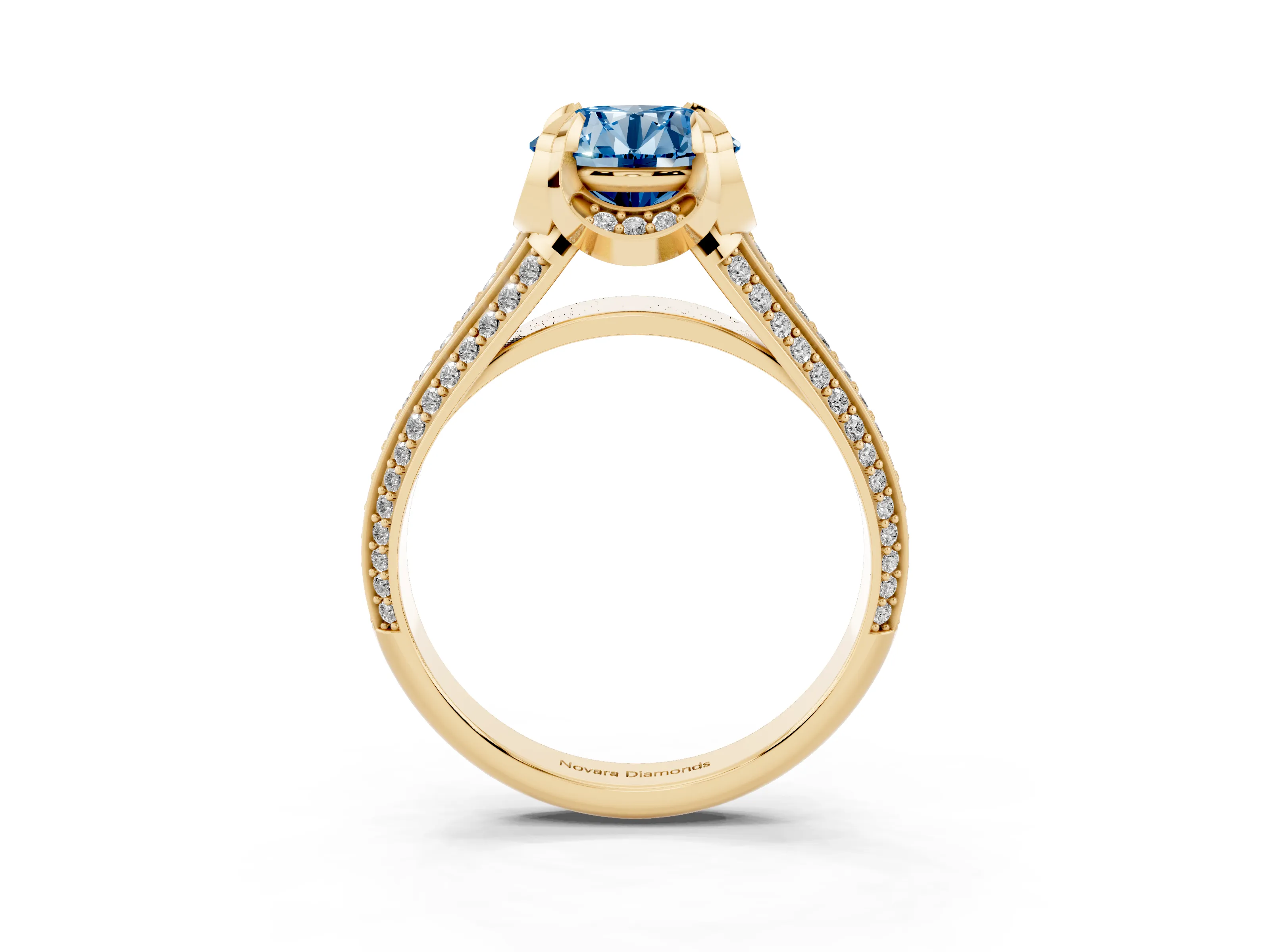 Fancy Blue Round Cut Diamond Pavé Split Shank Solitaire Ring Set in Yellow gold with Prong Setting