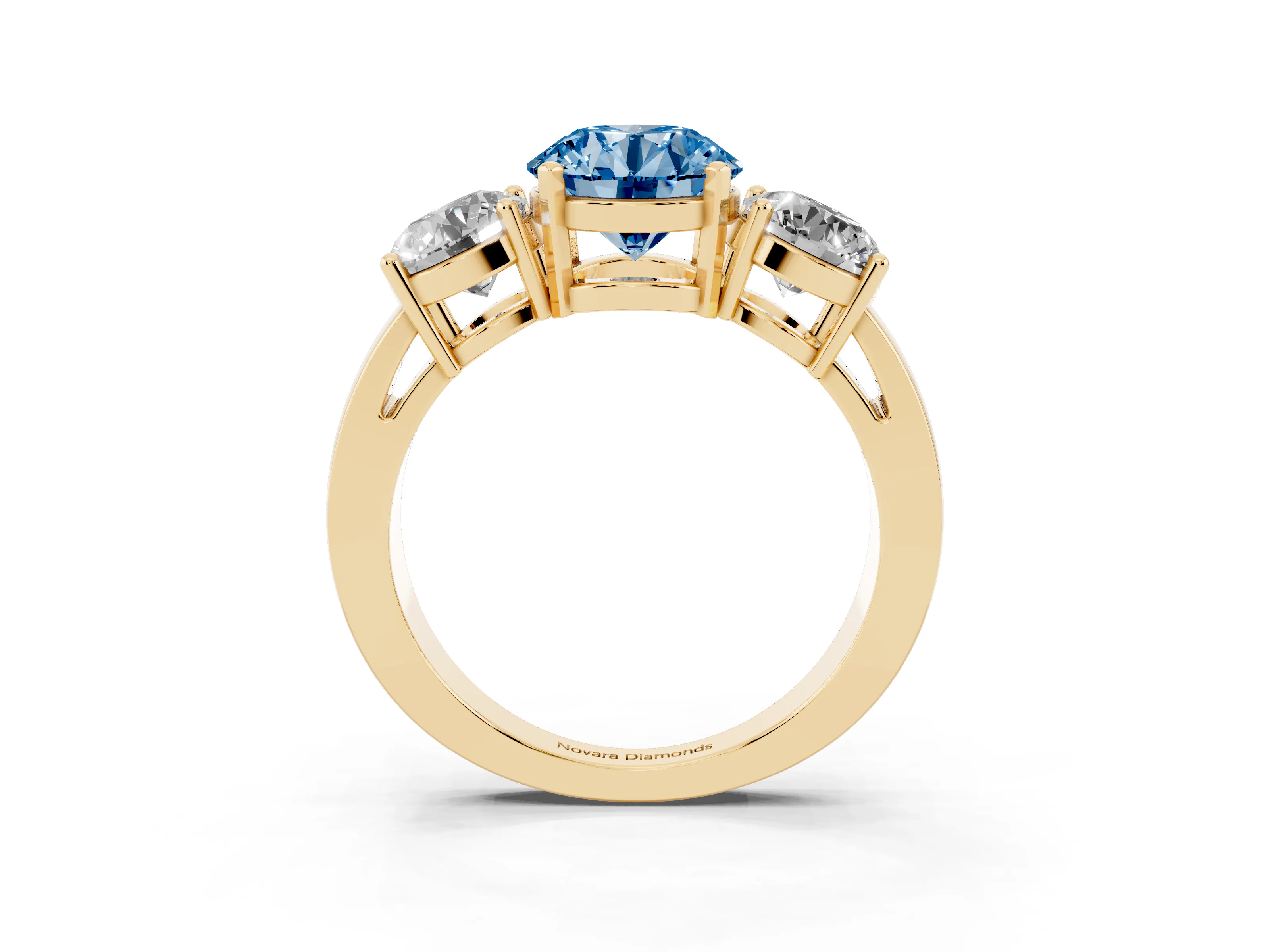 Fancy Blue Round Cut Diamond Three-Stone Ring Set in Yellow gold with Round Side Stones and Classic Band