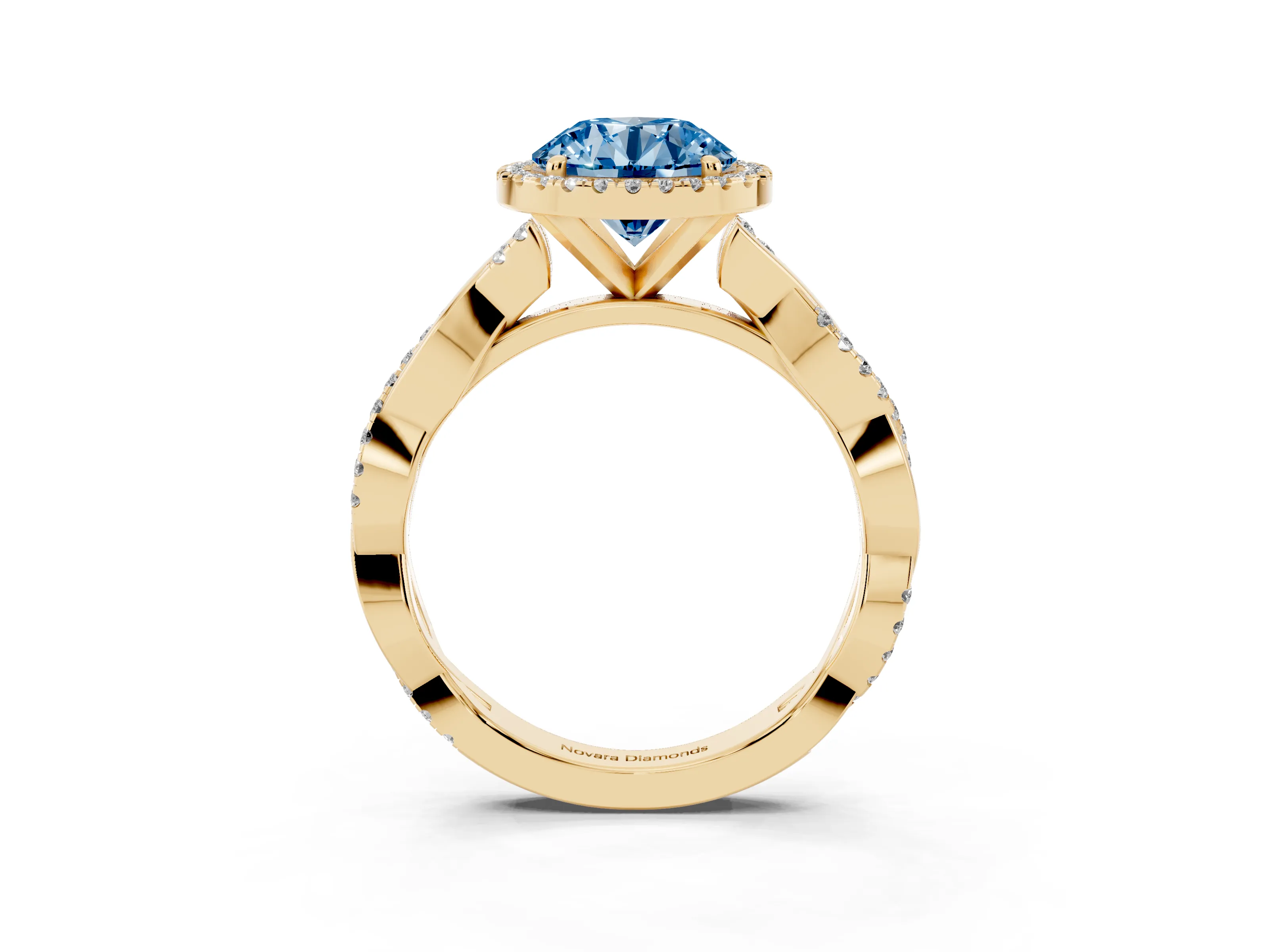 Fancy Blue Round Cut Diamond Halo Twisted Band Ring Set in Yellow gold with Prong Setting