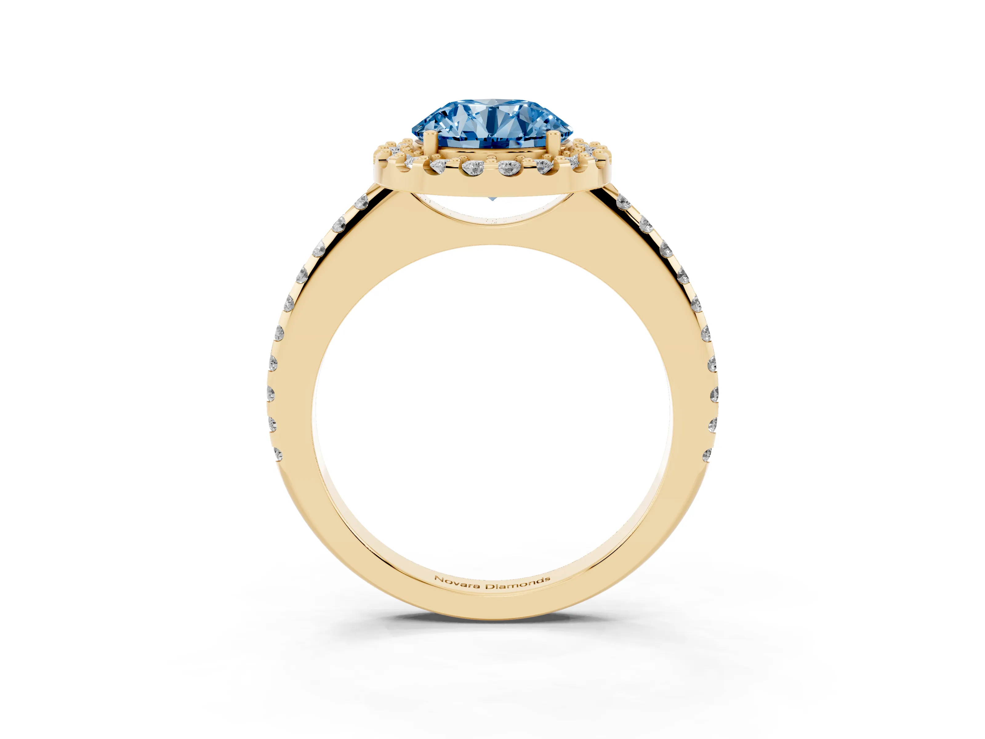 Fancy Blue Round Cut Diamond Pavé Halo Ring Set in Yellow gold with Prong Setting