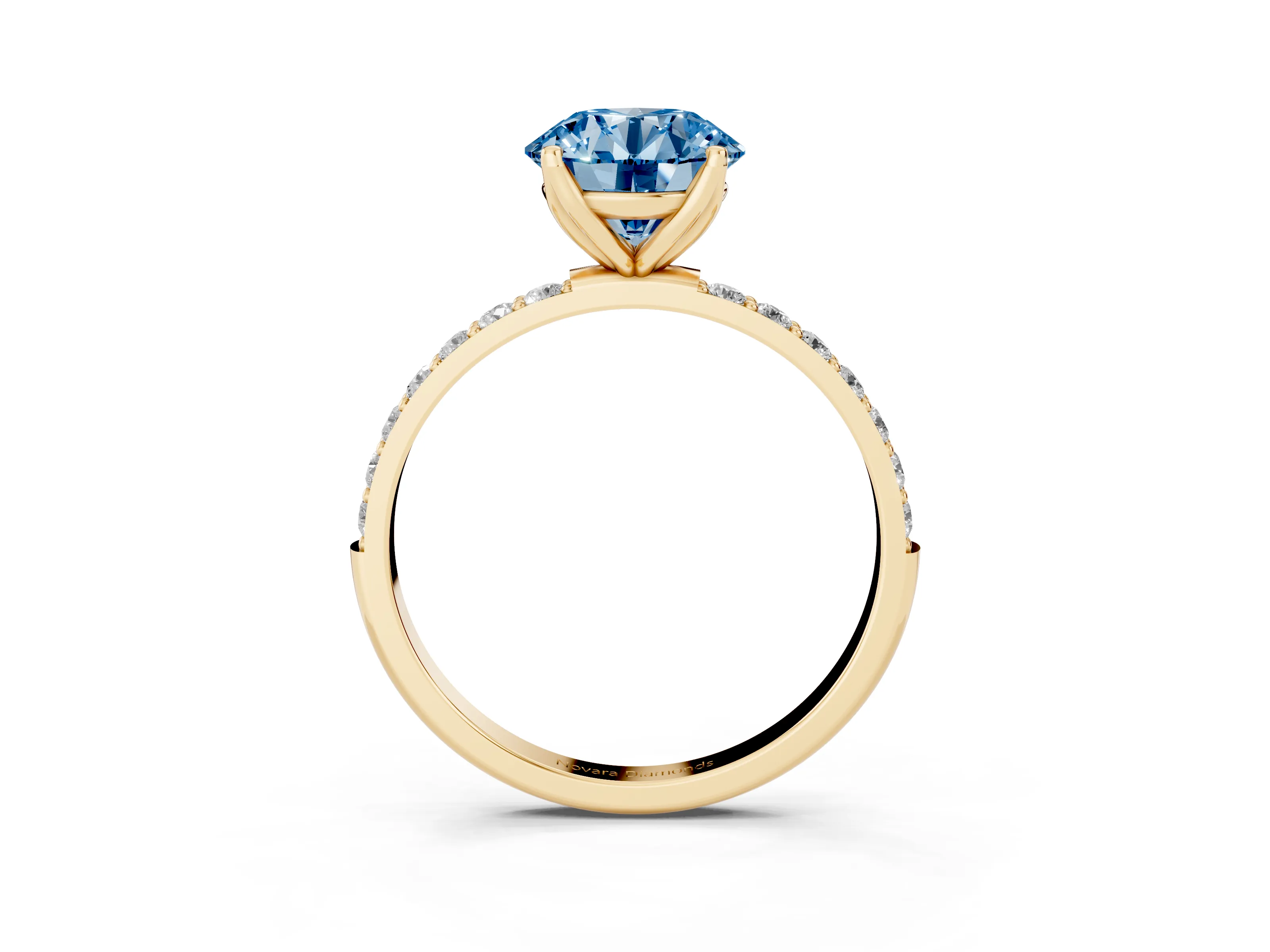 Fancy Blue Round Cut Diamond Solitaire Engagement Ring Set in Yellow gold with Round Pavé Band and Prong Setting