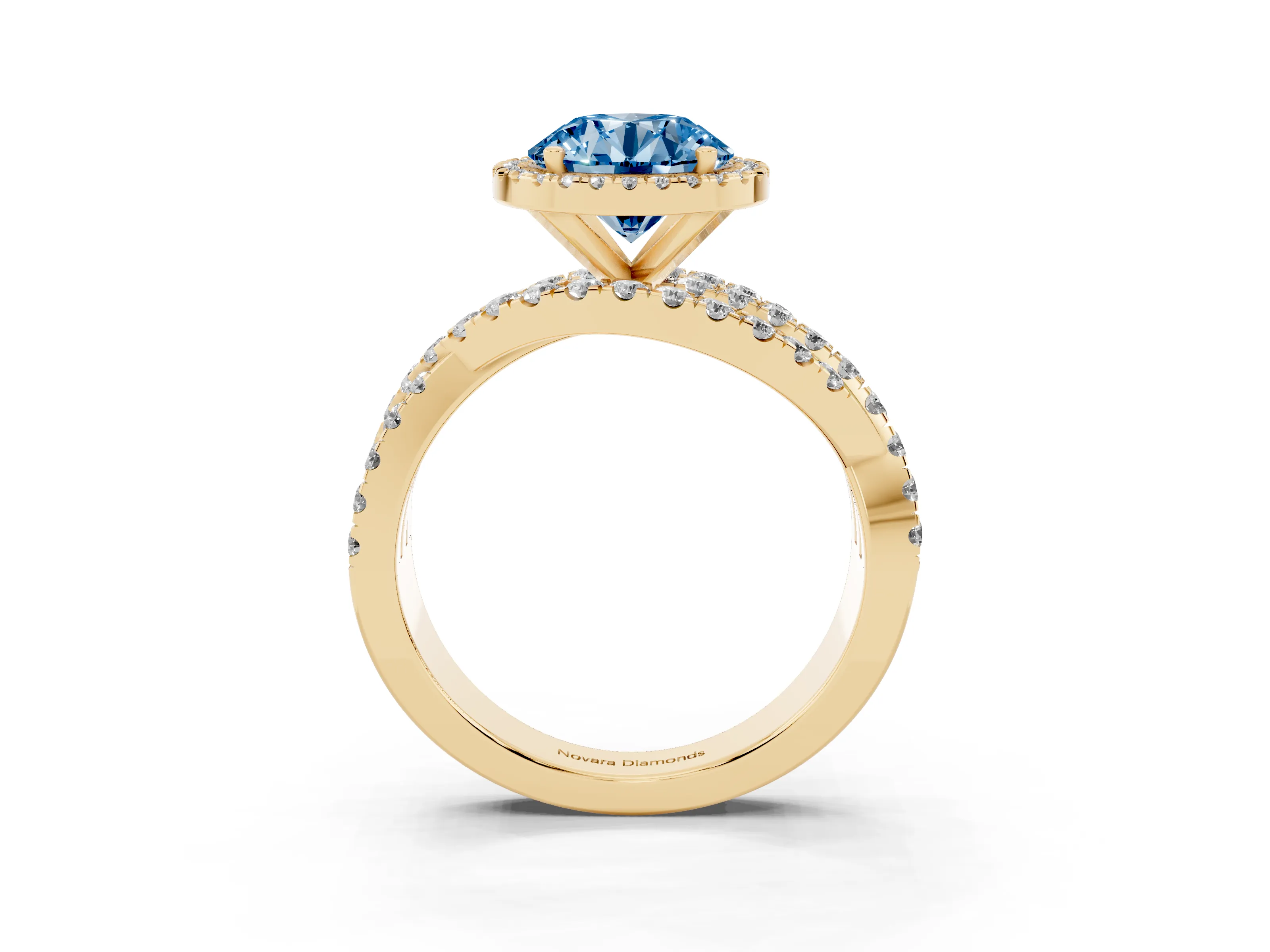 Fancy Blue Round Cut Diamond Halo Ring Set in Yellow gold with Round Crossover Split Shank and Prong Setting
