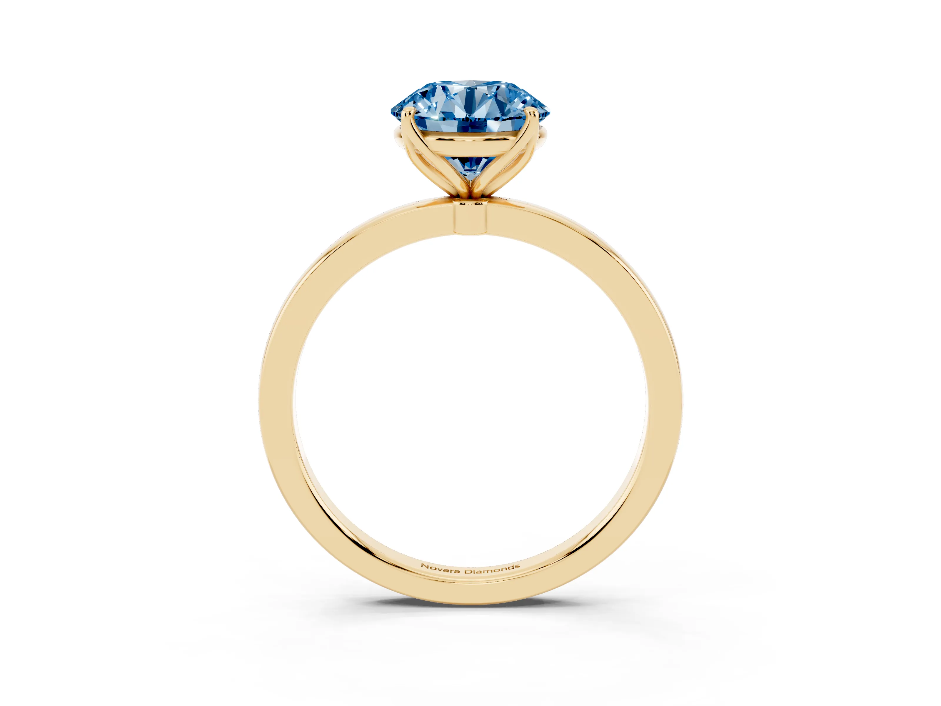 Fancy Blue Round Cut Diamond Solitaire Ring Set in Yellow gold with Prong Setting and Thin Polished Band