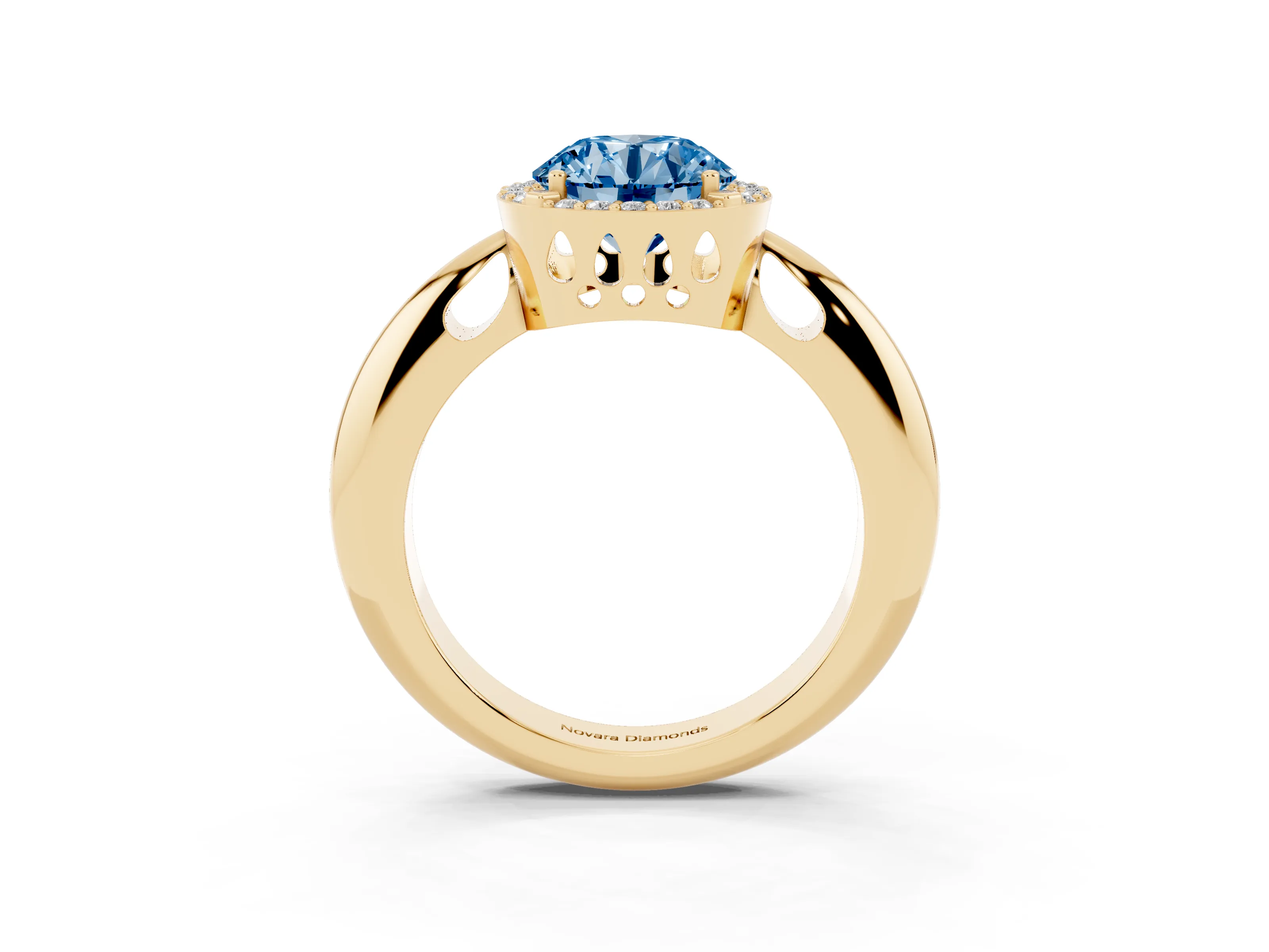 Fancy Blue Round Cut Diamond Halo Engagement Ring Set in Yellow gold with Plain Split Shank and Prong Setting