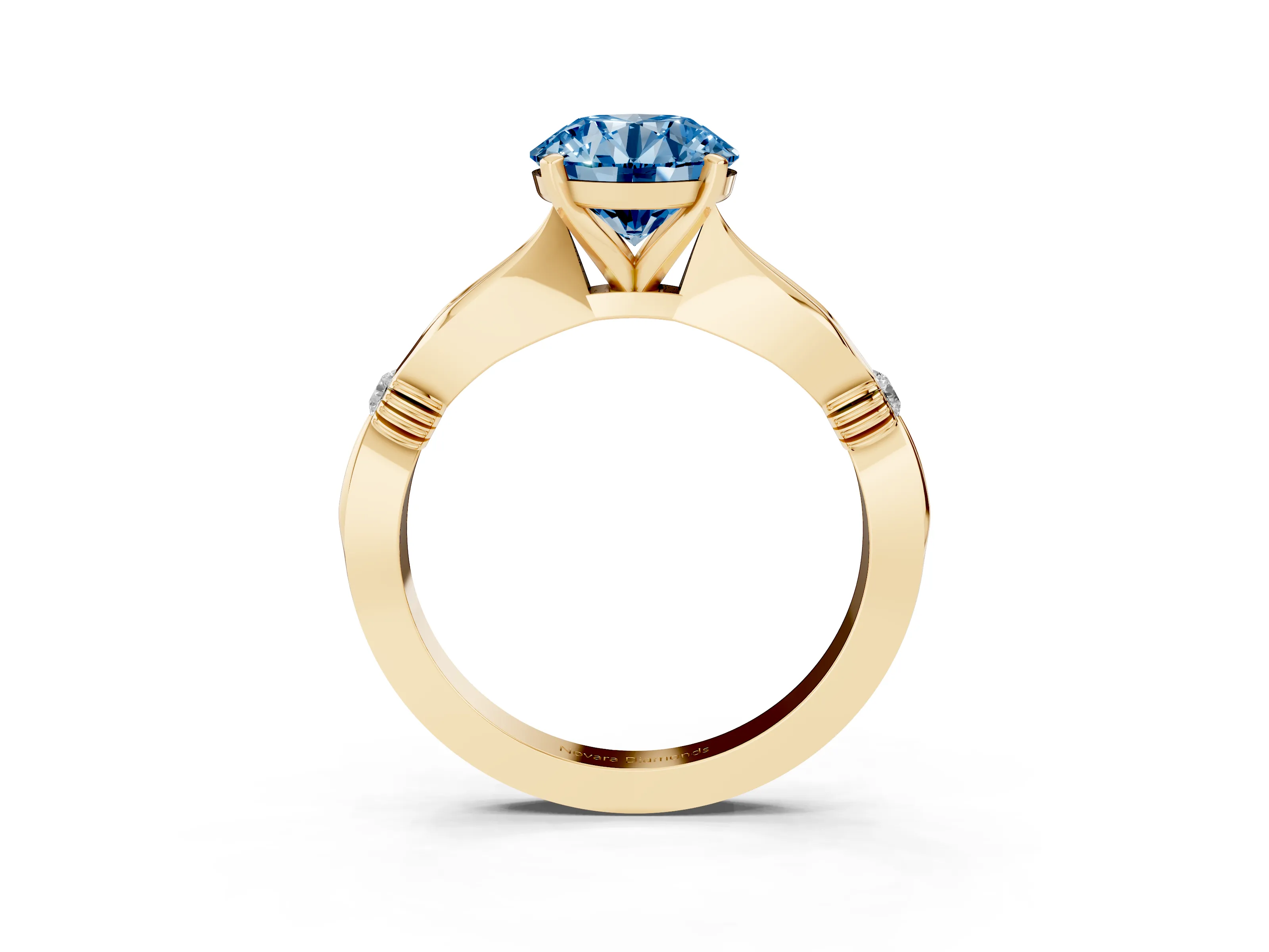 Fancy Blue Round Cut Diamond Solitaire Twisted Band Ring Set in Yellow gold with Accent Stones and Prong Setting