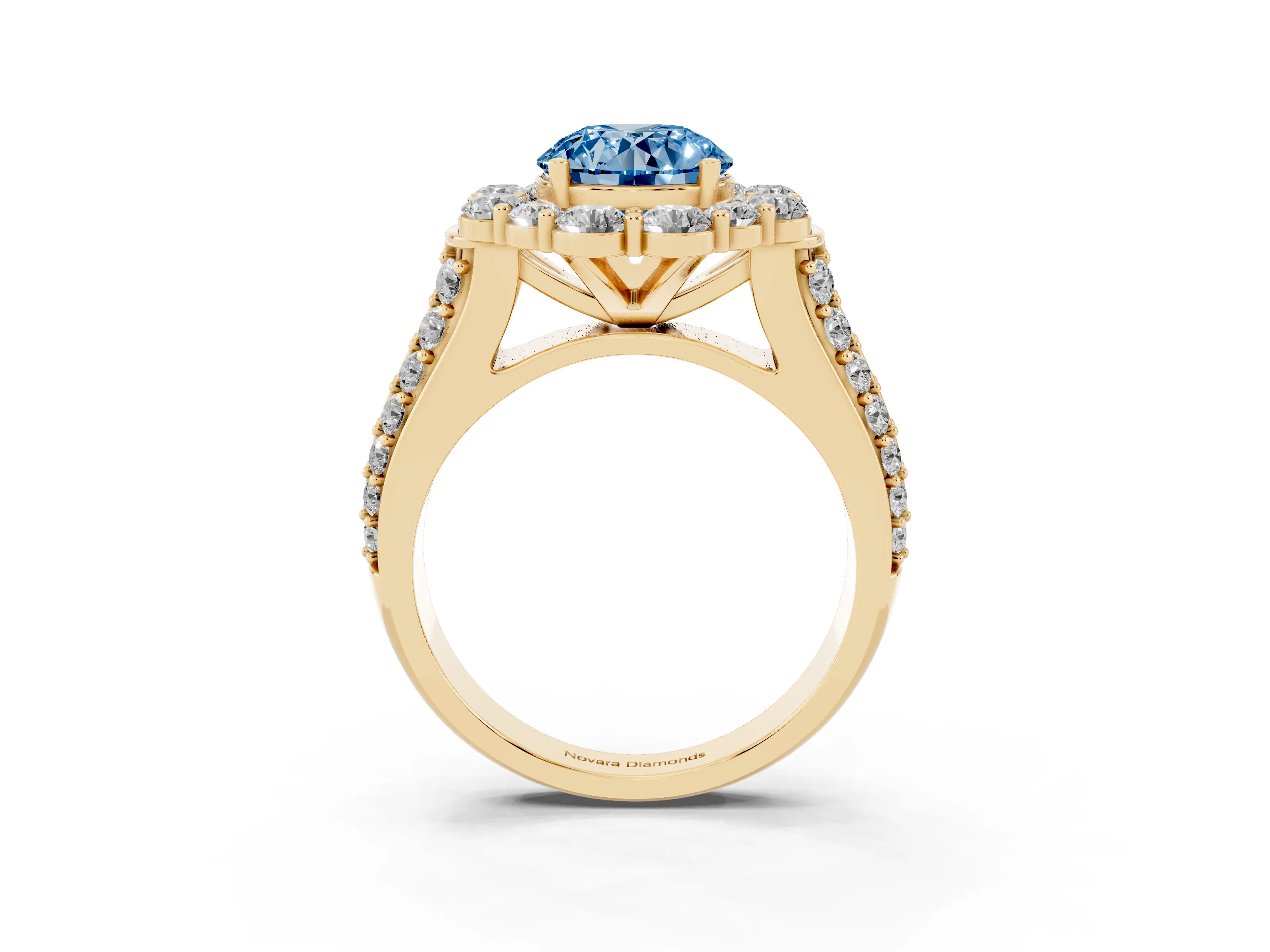 Fancy Blue Round Cut Diamond Halo Engagement Ring Set in Yellow gold with Split Shank and Prong Setting