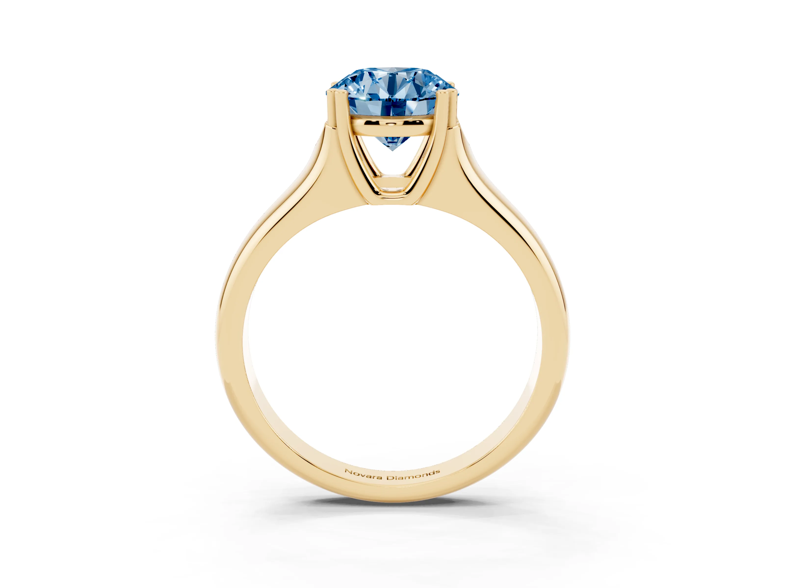 Fancy Blue Round Cut Diamond Solitaire Ring Set in Yellow gold with Wide Band and Prong Setting