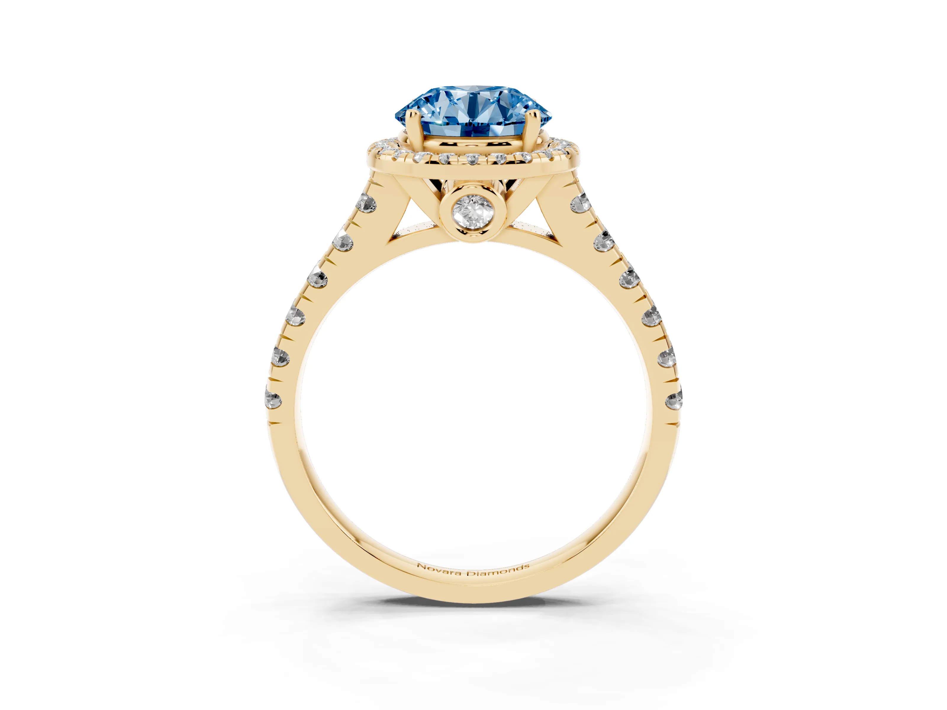 Fancy Blue Round Cut Diamond Halo Engagement Ring Set in Yellow gold with Pavé Band and Prong-Set Center