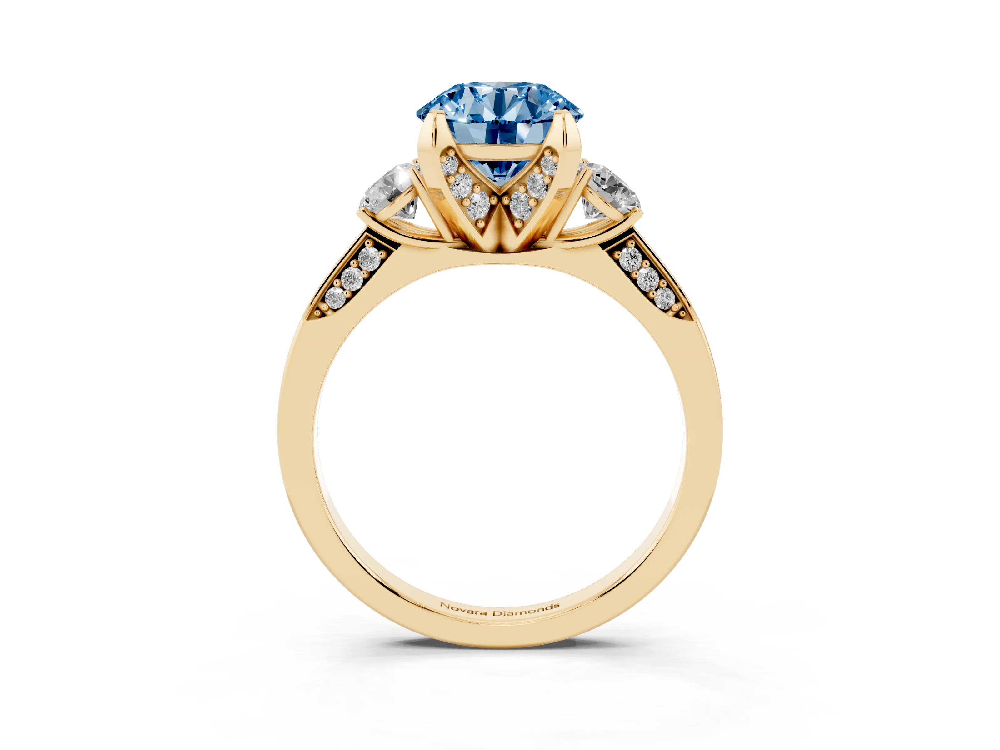 Fancy Blue Round Cut Diamond Three-Stone Ring Set in Yellow gold with Pavé Band and Smaller Side Stones