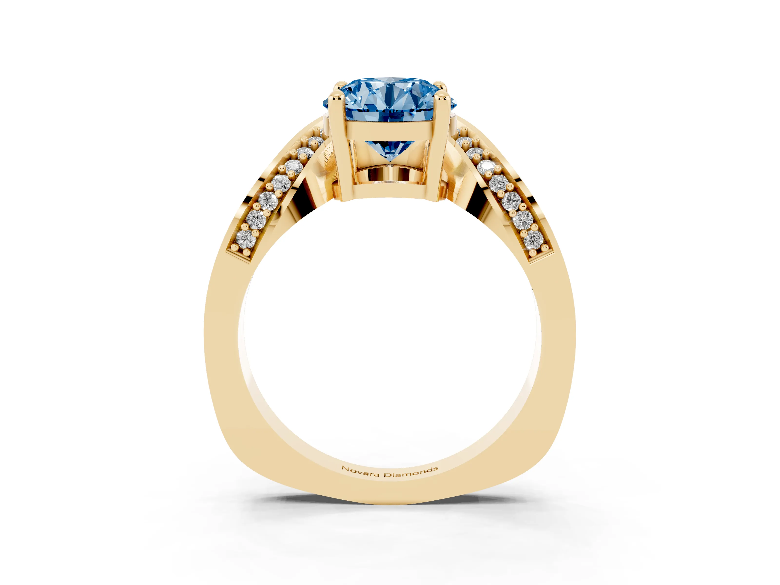 Fancy Blue Round Cut Diamond Solitaire Engagement Ring Set in Yellow gold with Pavé Shoulders