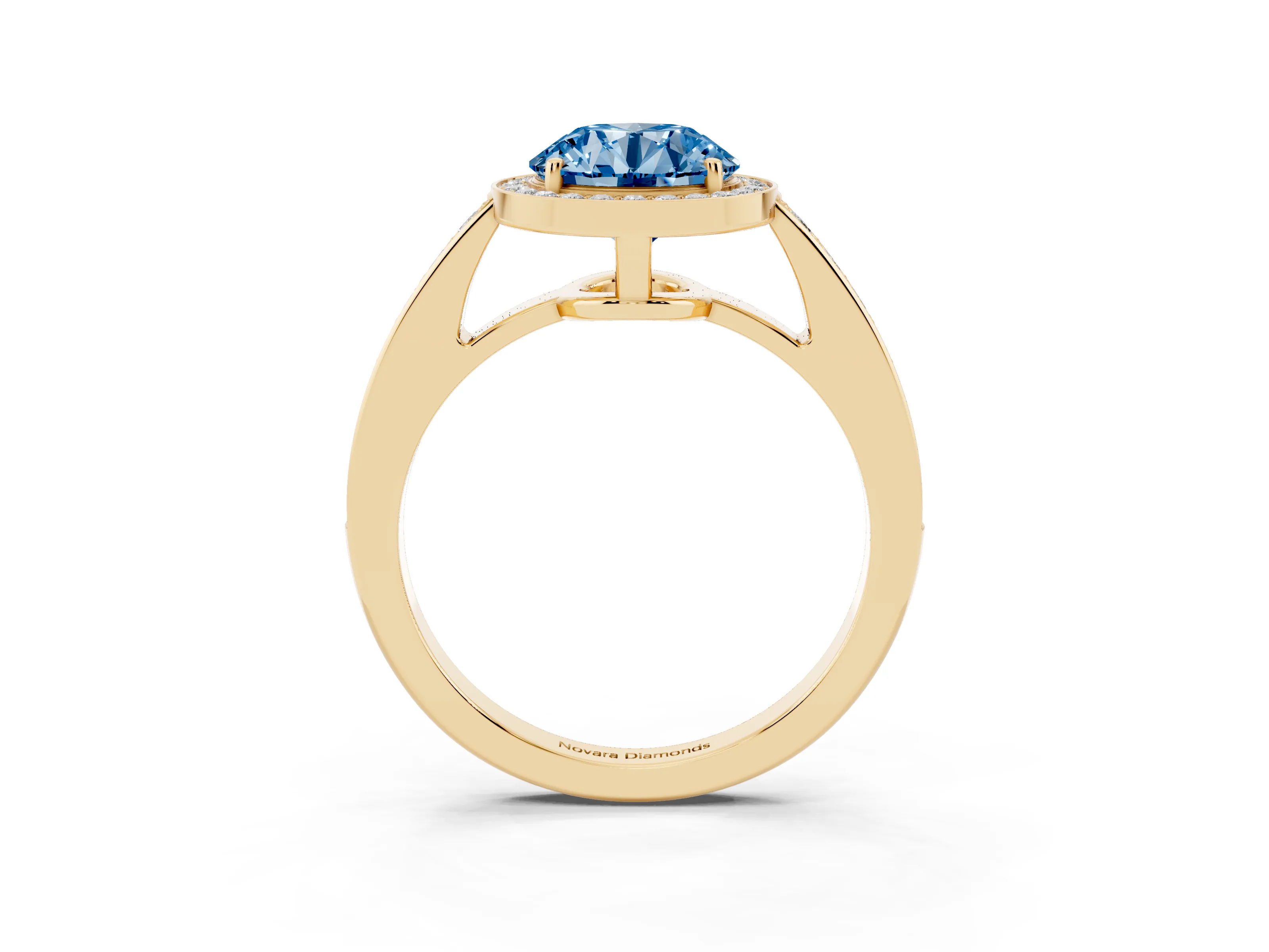 Fancy Blue Round Cut Diamond Halo Pavé Engagement Ring Set in Yellow gold with Bezel Setting