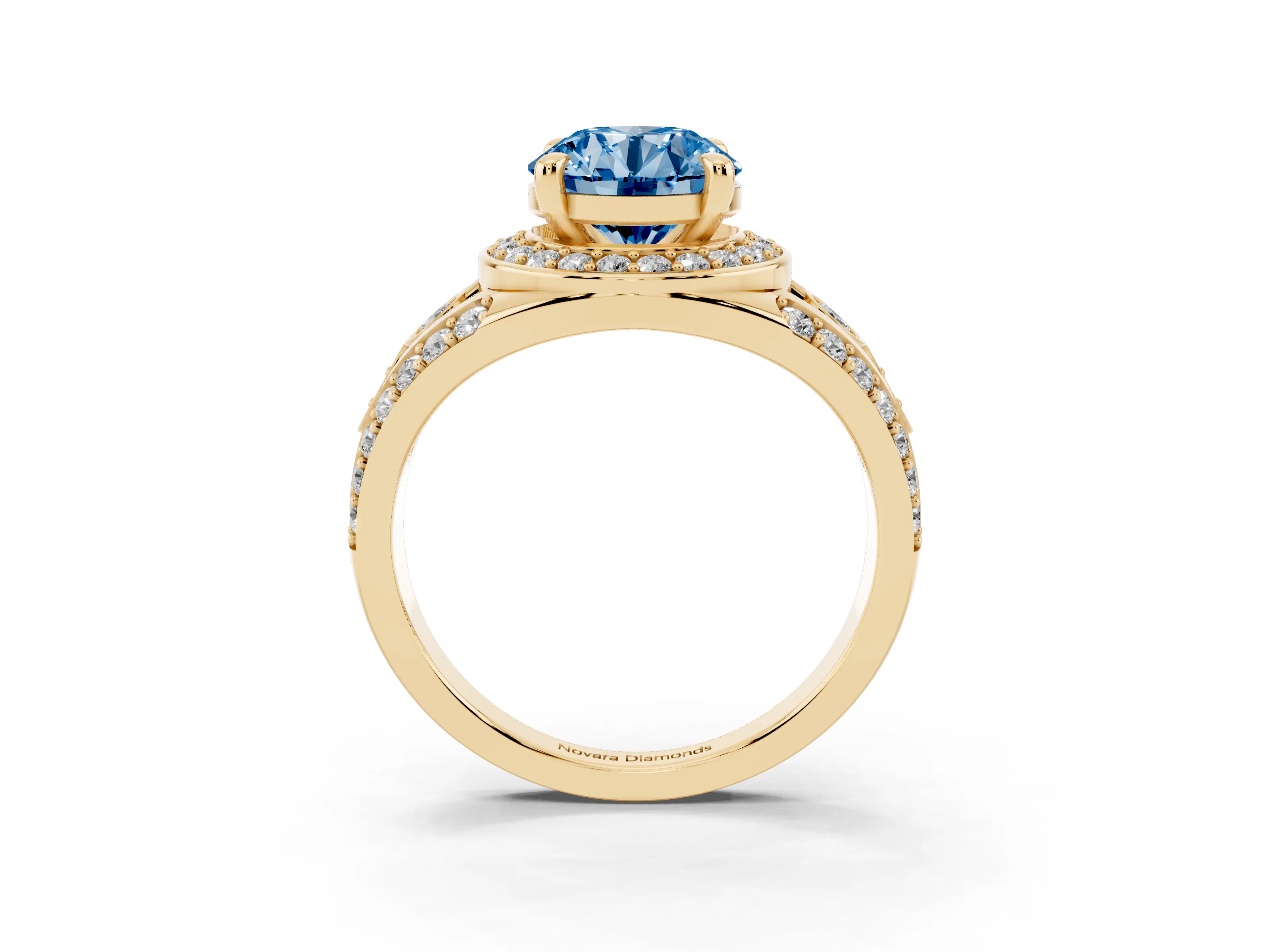 Fancy Blue Round Cut Diamond Halo Ring Set in Yellow gold with Pavé Split Shank and Bezel Accents