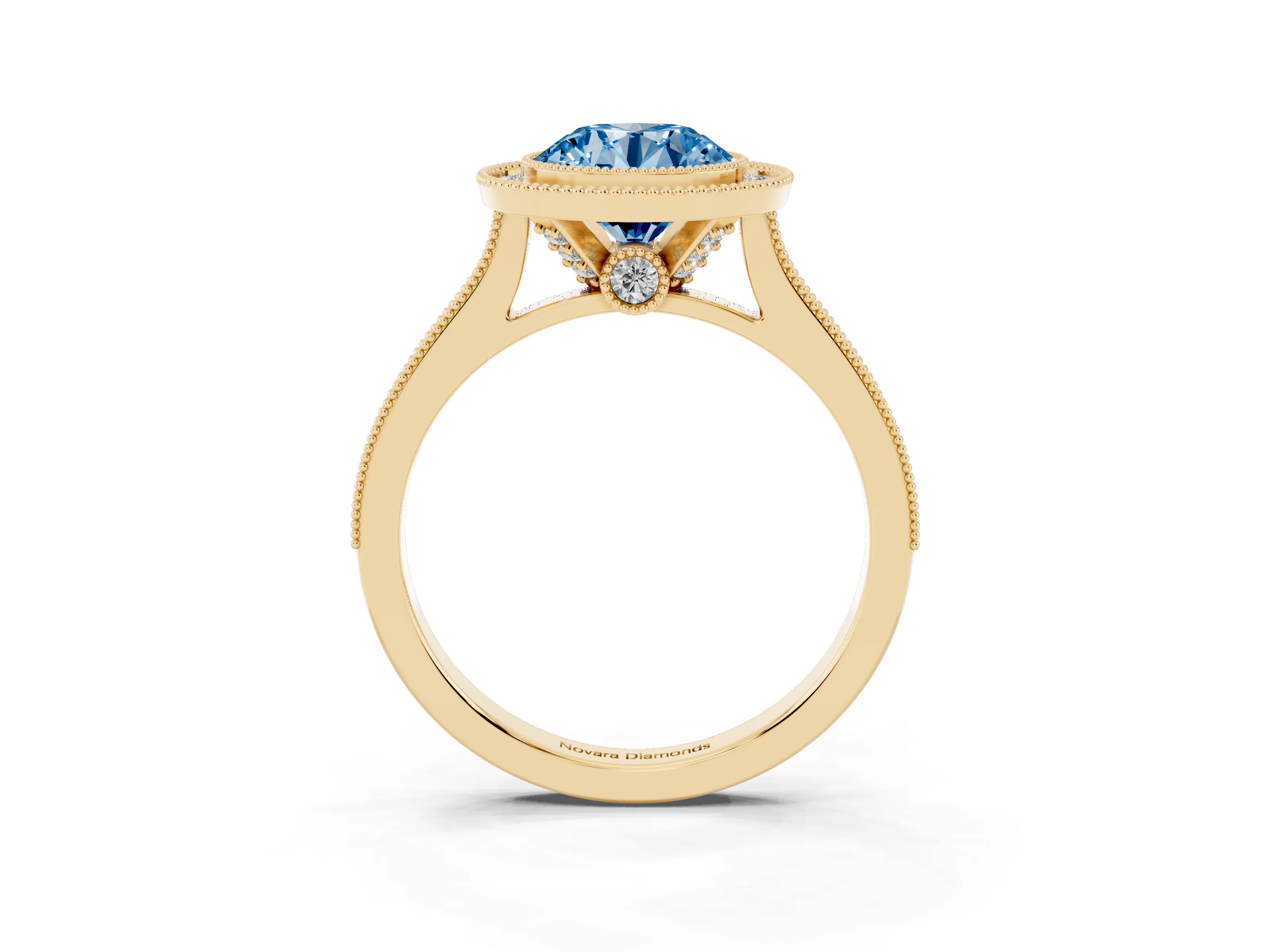 Fancy Blue Round Cut Diamond Halo Milgrain Pavé Band Ring Set in Yellow gold with Prong Setting