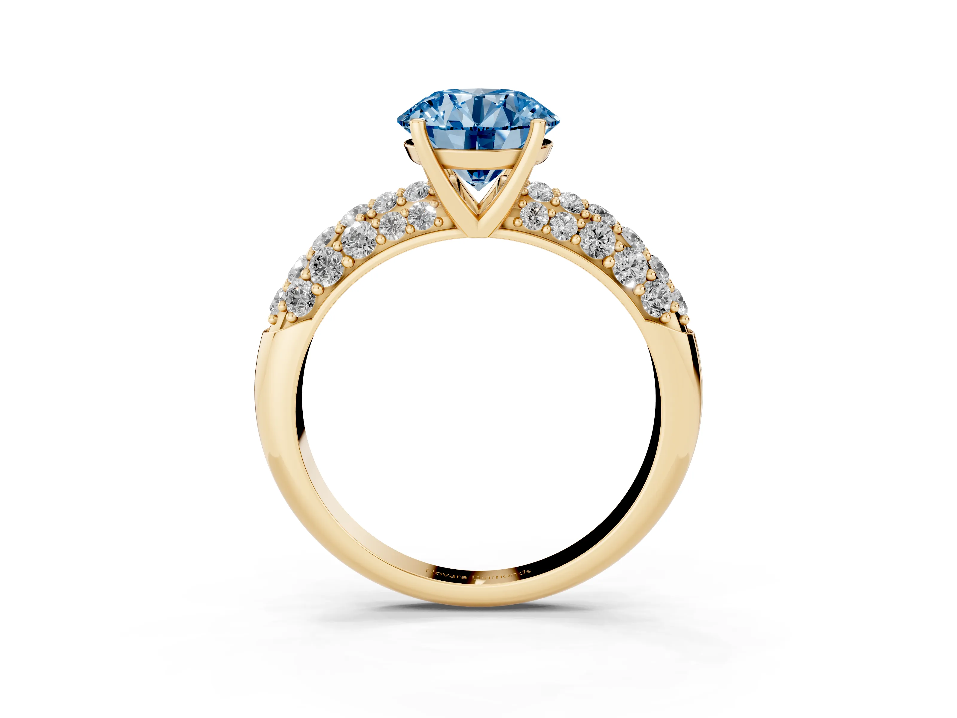 Fancy Blue Round Cut Diamond Pavé Band Solitaire Ring Set in Yellow gold with Close-Set Accent Stones and Prong Setting