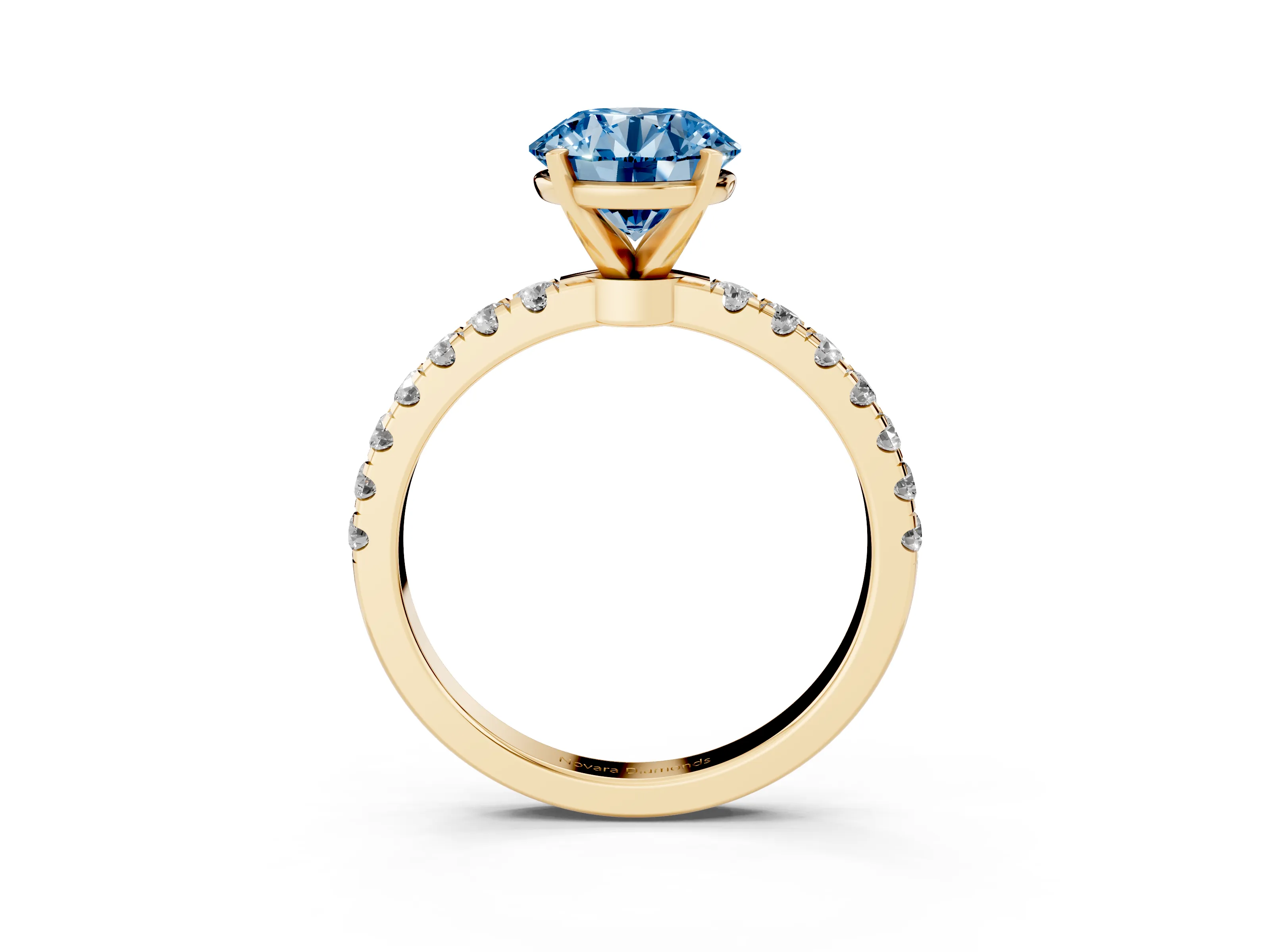 Fancy Blue Round Cut Diamond Solitaire Ring Set in Yellow gold with Pavé Accents and Prong Setting