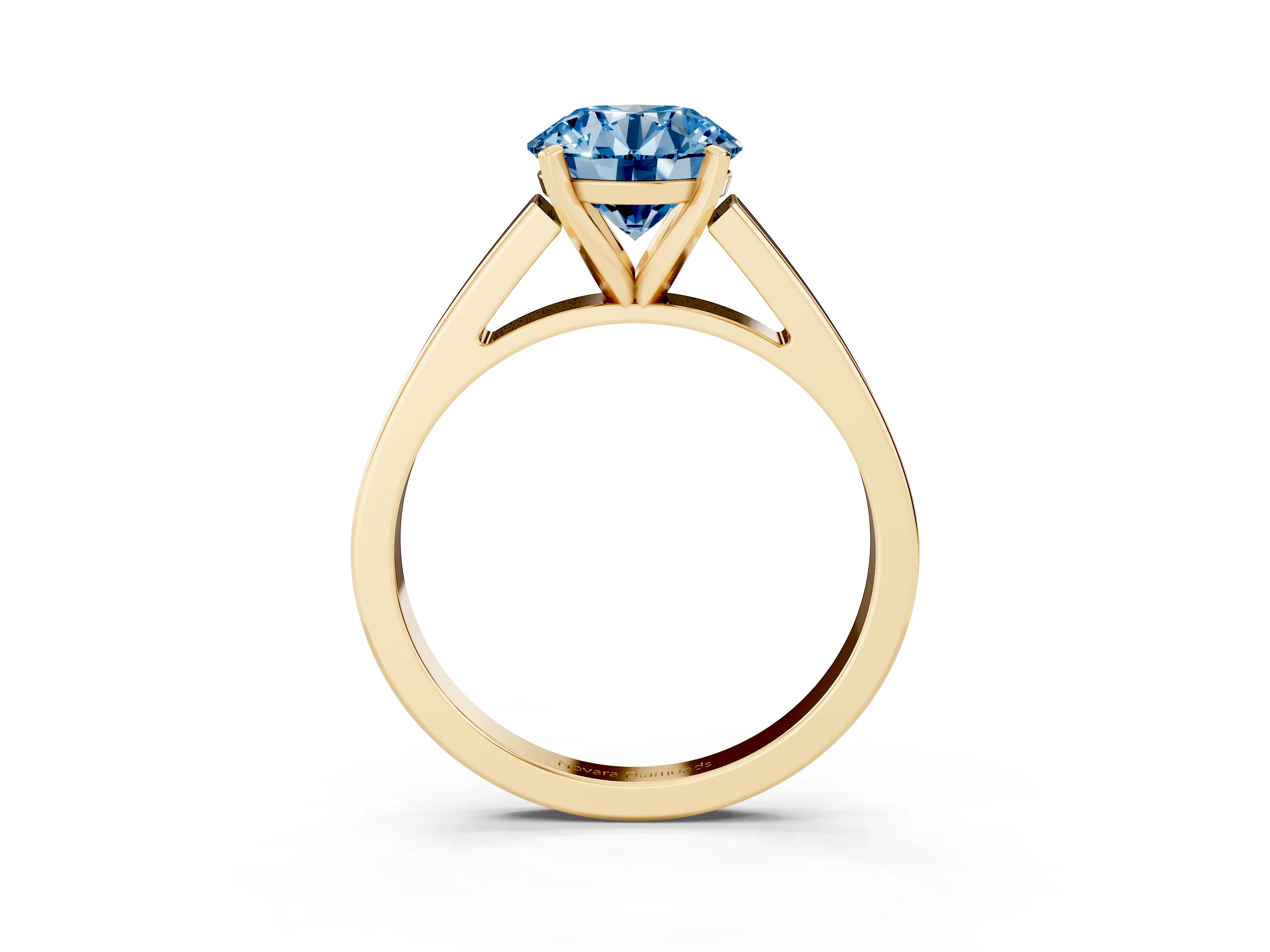 Fancy Blue Round Cut Diamond Solitaire Engagement Ring Set in Yellow gold with Prong Setting and Tapered Band