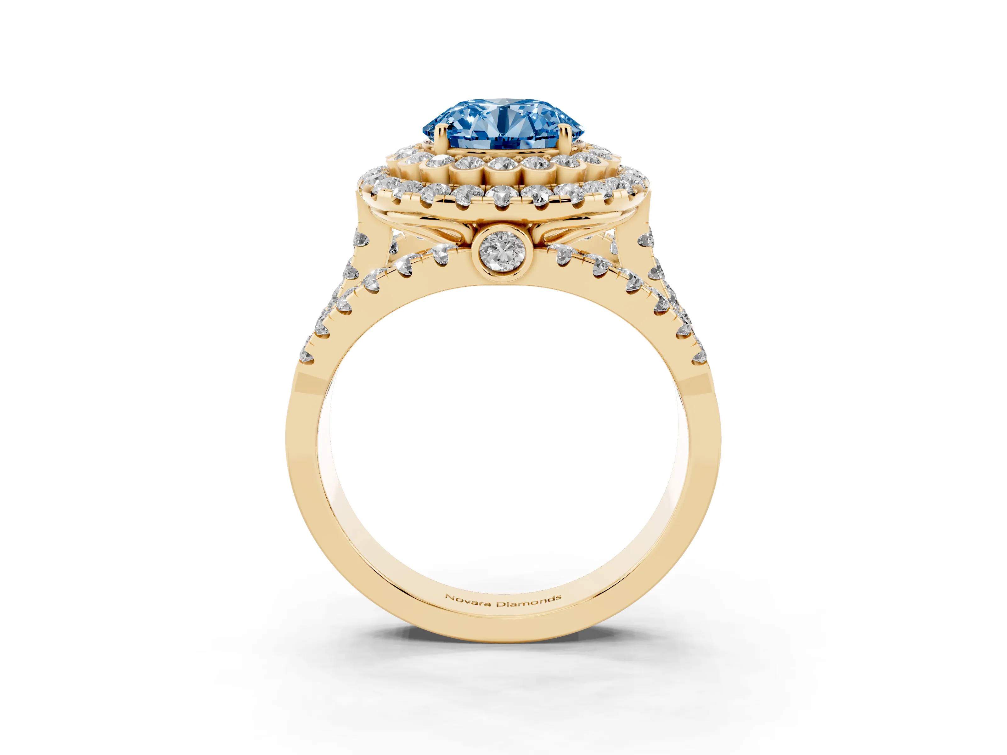 Fancy Blue Round Cut Diamond Double Halo Ring Set in Yellow gold with Round Pavé Split Shank