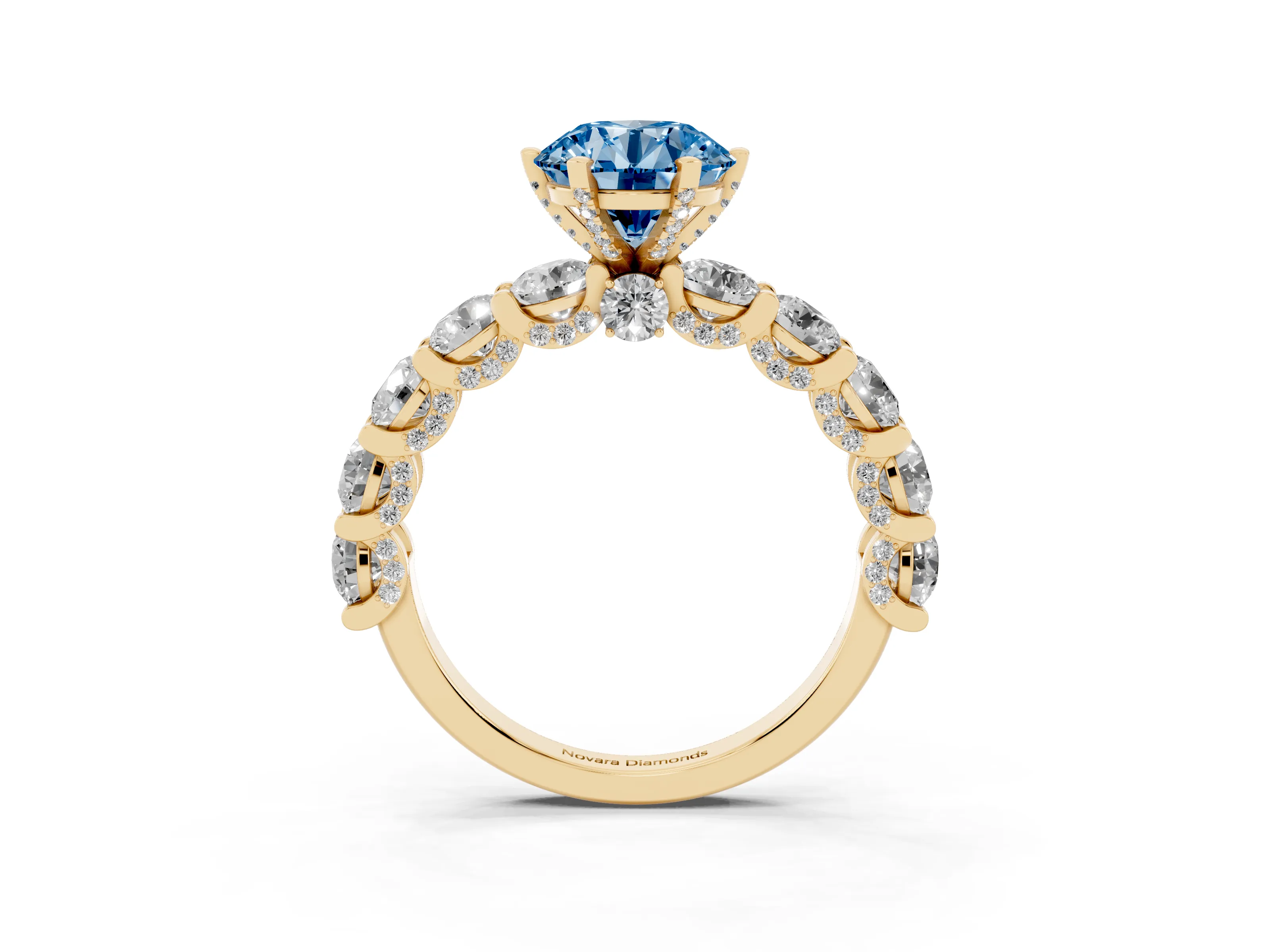 Fancy Blue Round Cut Diamond Side Stone Ring Set in Yellow gold with Alternating Round and Oval Side Stones