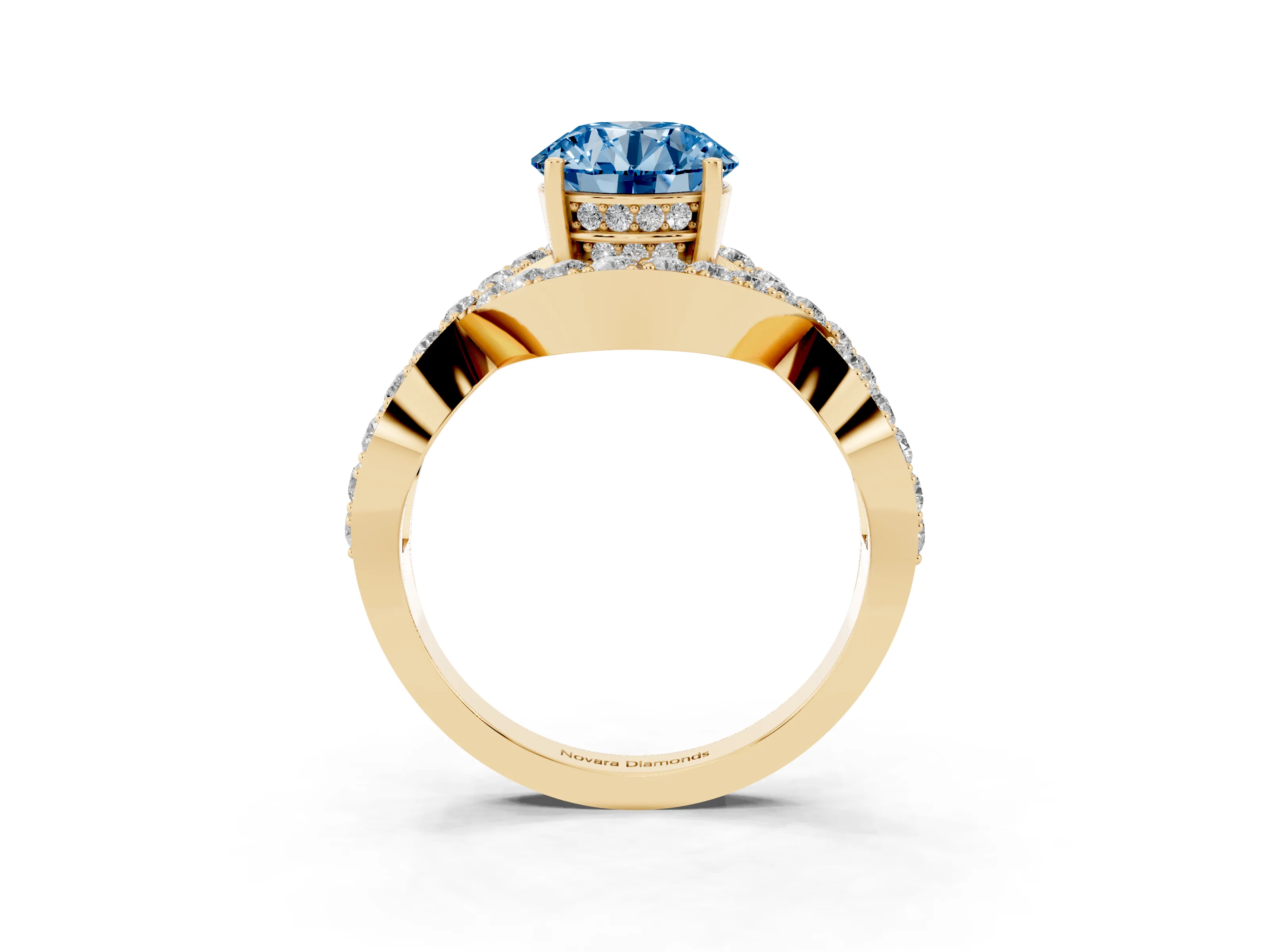 Fancy Blue Round Cut Diamond Solitaire Twist Band Pavé Engagement Ring Set in Yellow gold