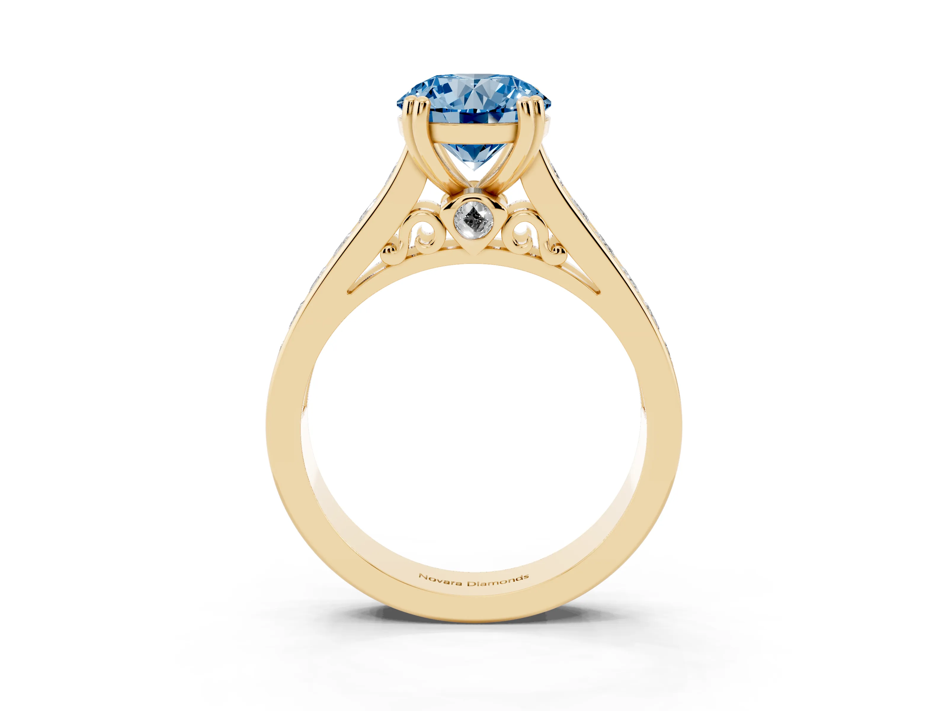 Fancy Blue Round Cut Diamond Channel Set Solitaire Engagement Ring Set in Yellow gold with Prong Setting