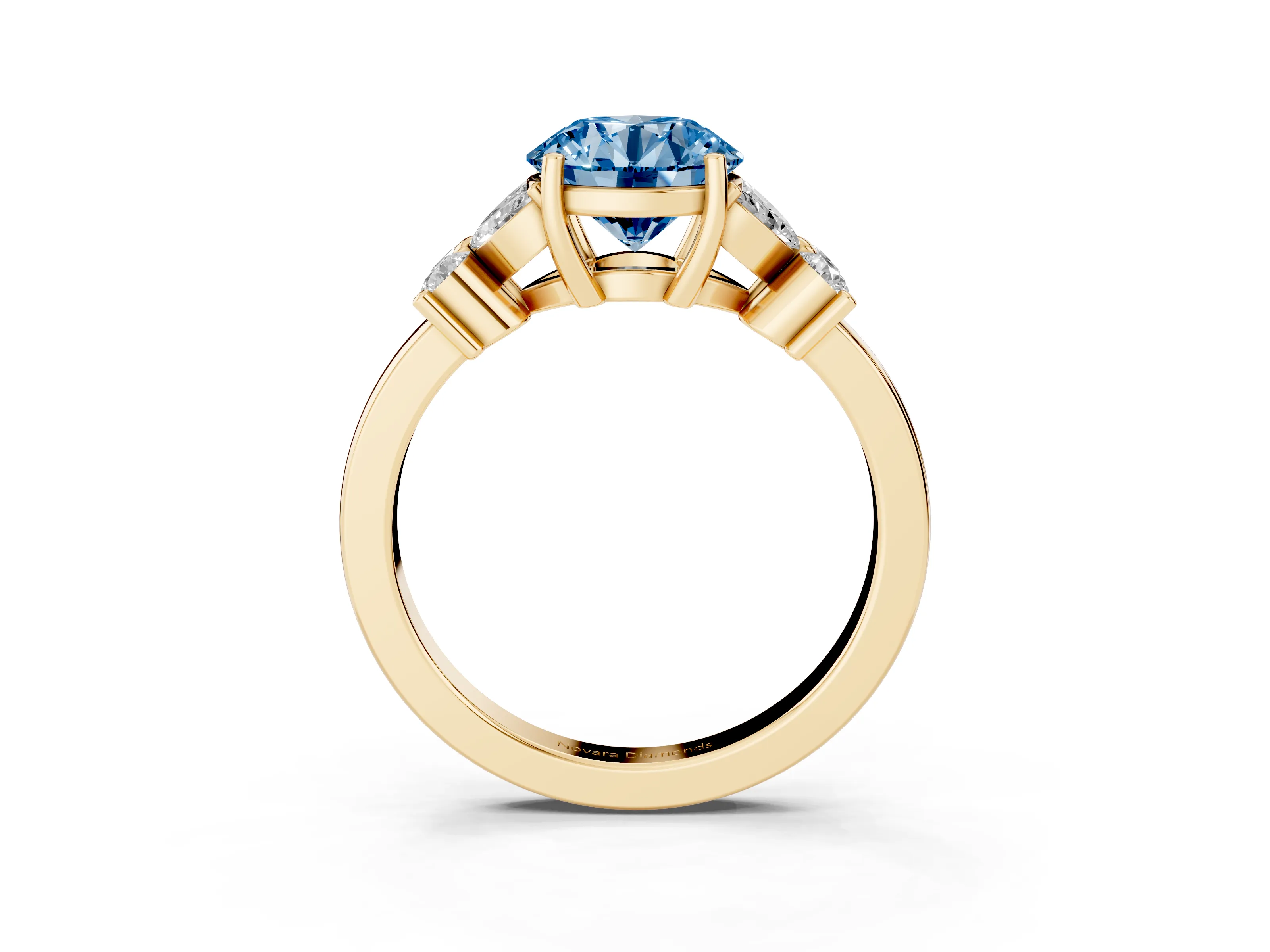 Fancy Blue Round Cut Diamond Floral Cluster Ring Set in Yellow gold with Marquise Petals and Prong Setting