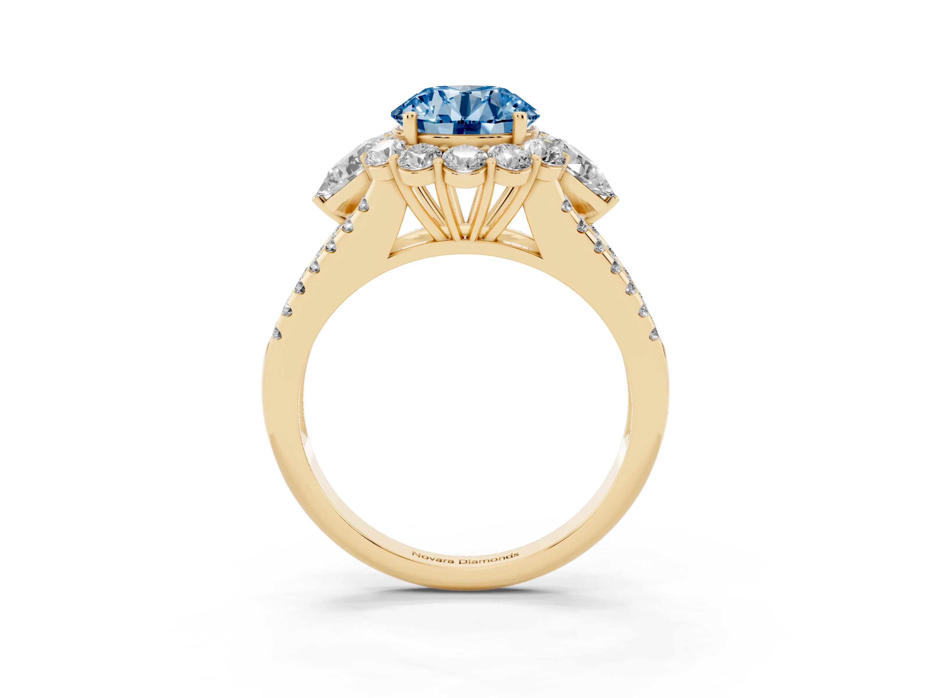 Fancy Blue Round Cut Diamond Halo Split Shank Engagement Ring Set in Yellow gold with Prong-Held Center Stone