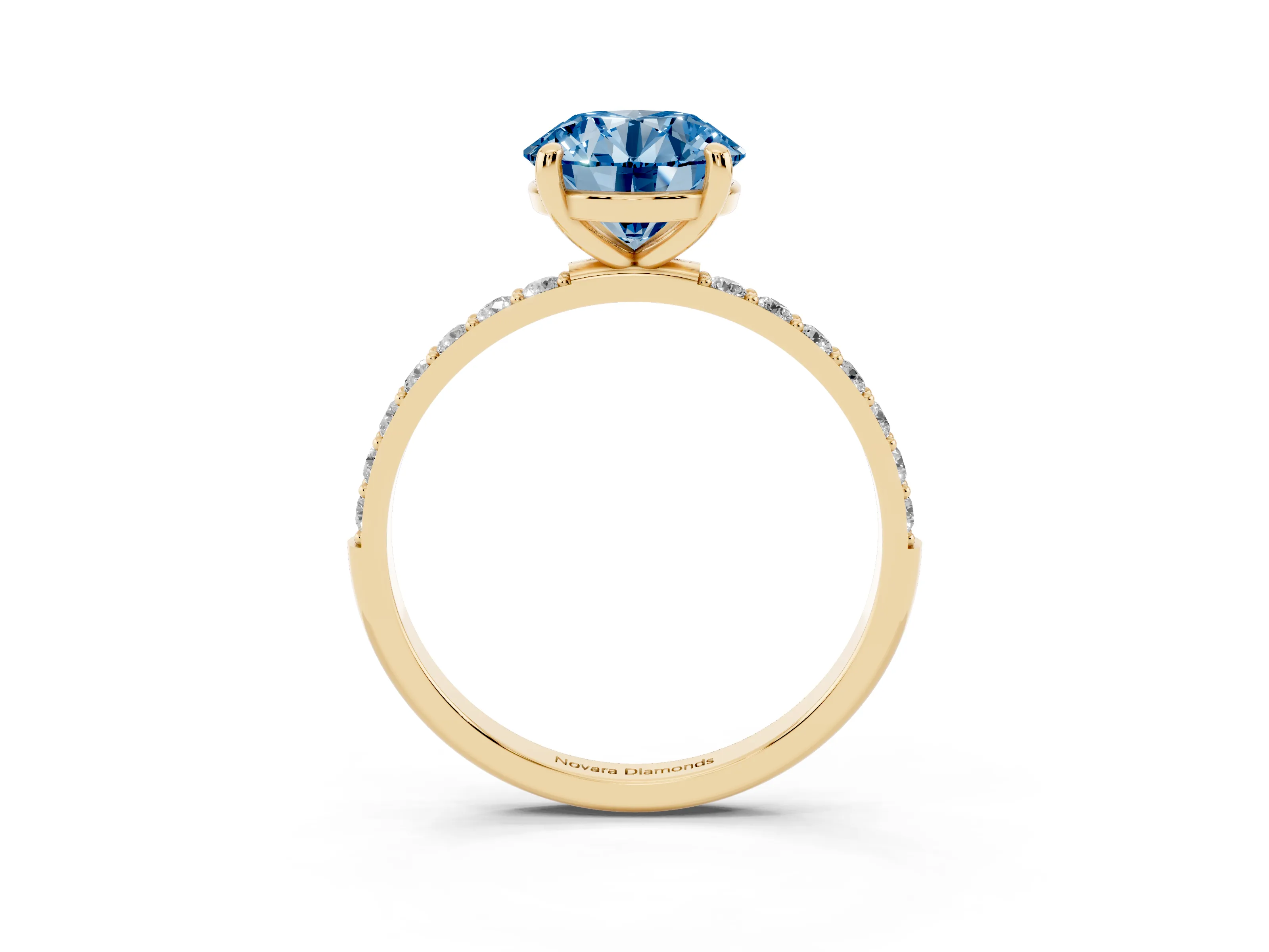 Fancy Blue Round Cut Diamond Solitaire Ring Set in Yellow gold with Round Pavé Band and Prong Setting