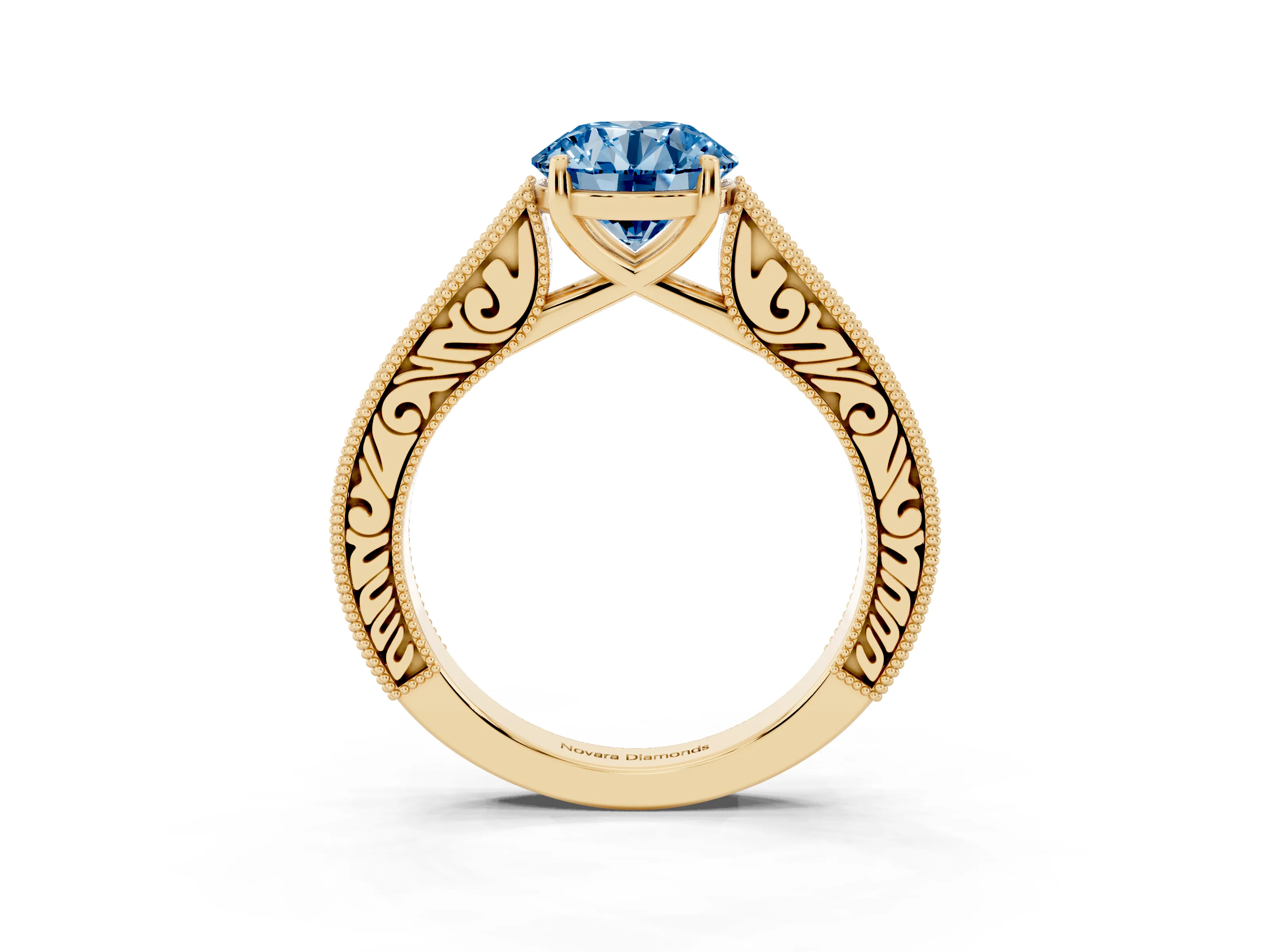Fancy Blue Round Cut Diamond Milgrain Pavé Band Solitaire Ring Set in Yellow gold with Prong Setting