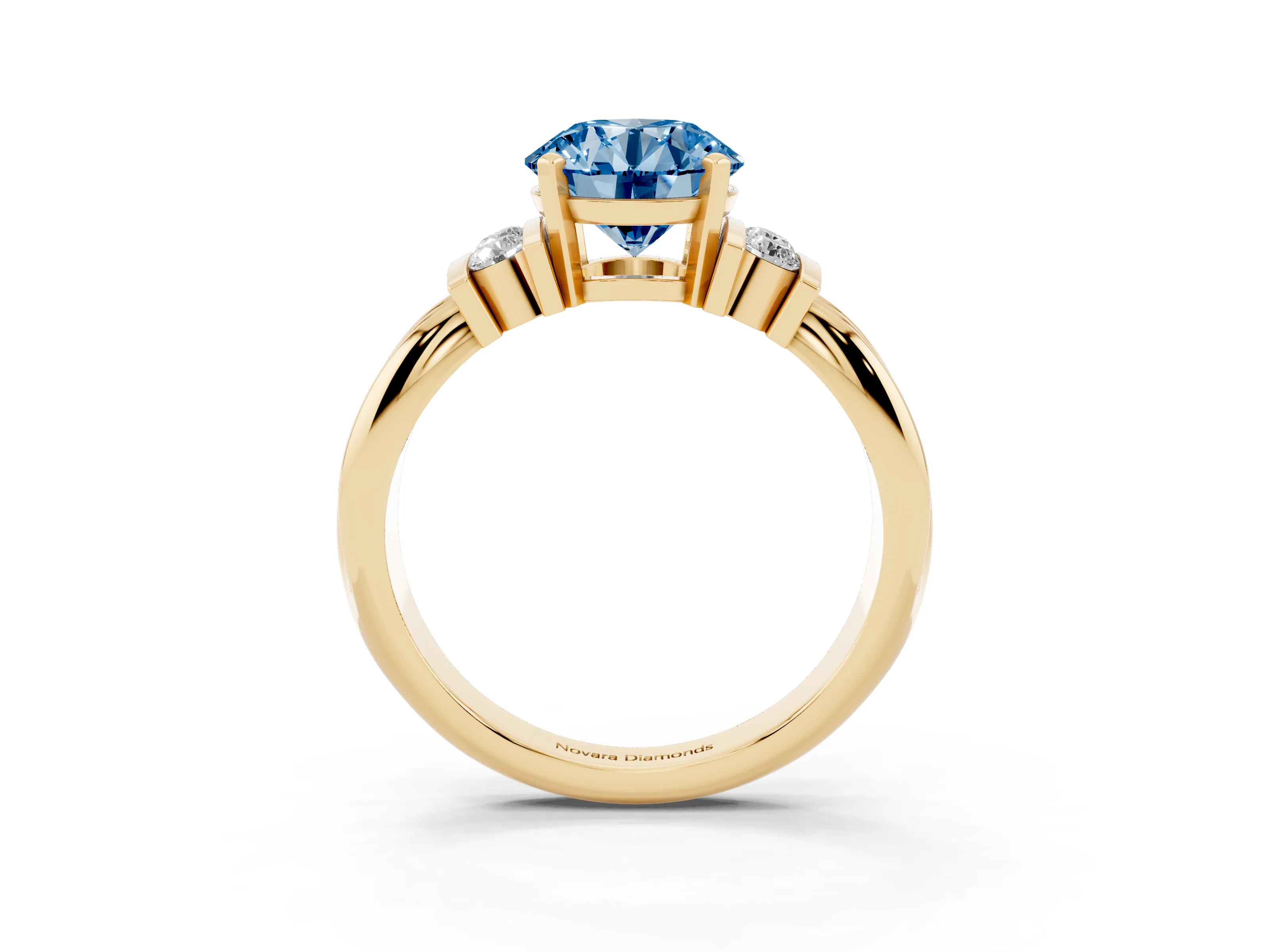 Fancy Blue Three-Stone Round Cut Diamond Channel Set Ring Set in Yellow gold with Bar Prongs