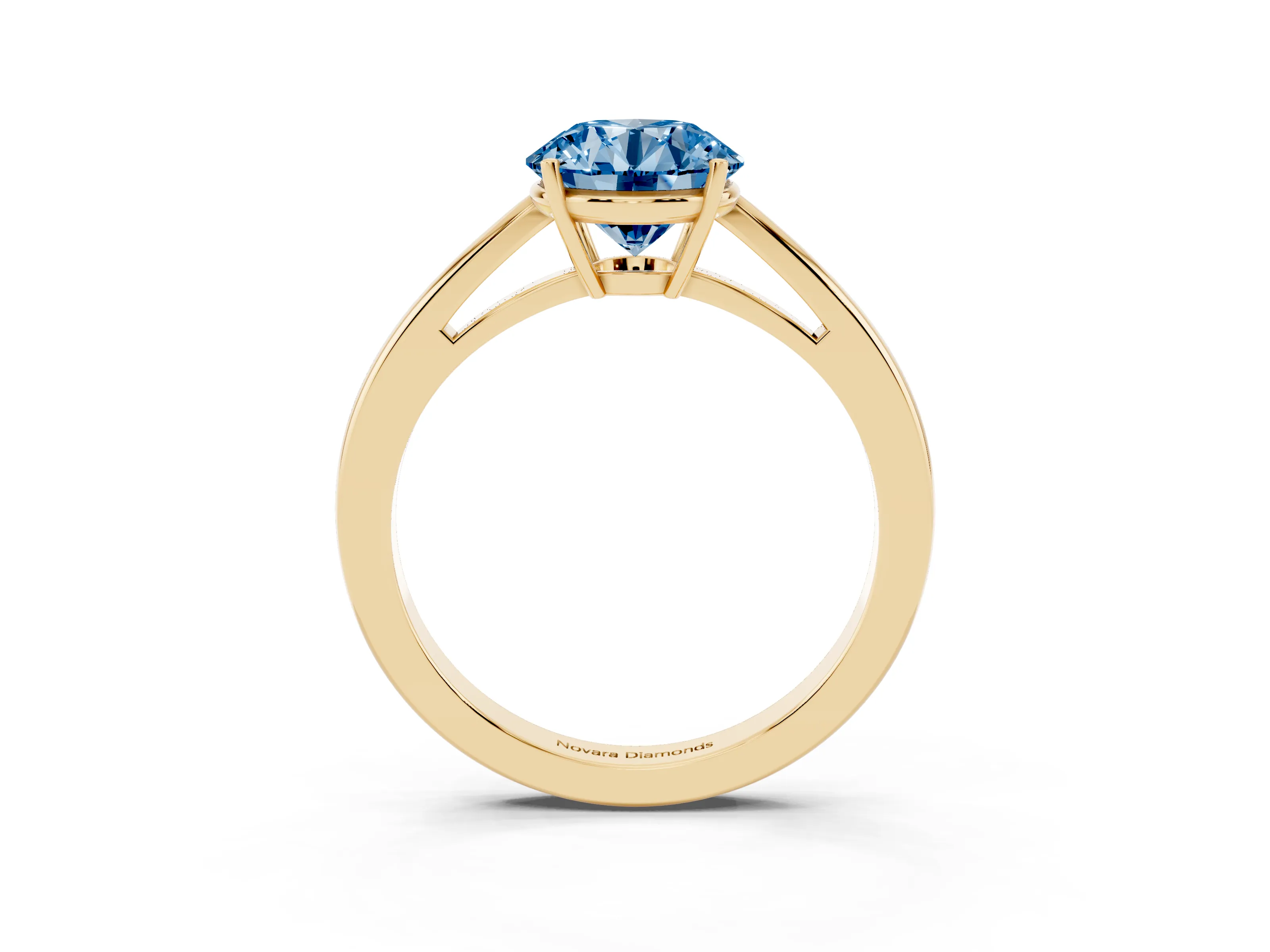 Fancy Blue Round Cut Diamond Solitaire Ring Set in Yellow gold with Split Shank and Prong Setting