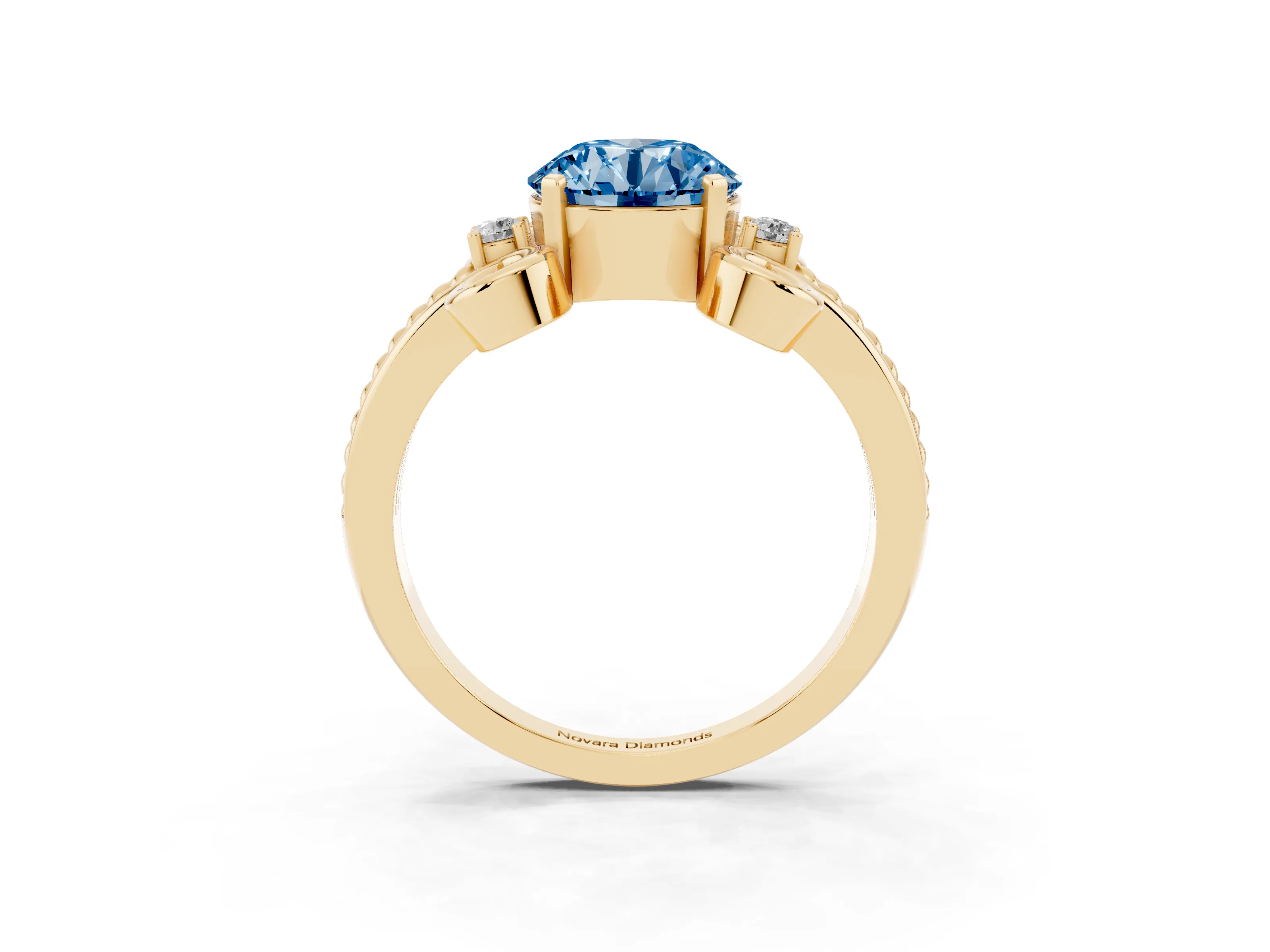 Fancy Blue Round Cut Diamond Twisted Band Solitaire Ring Set in Yellow gold with Scroll Prongs