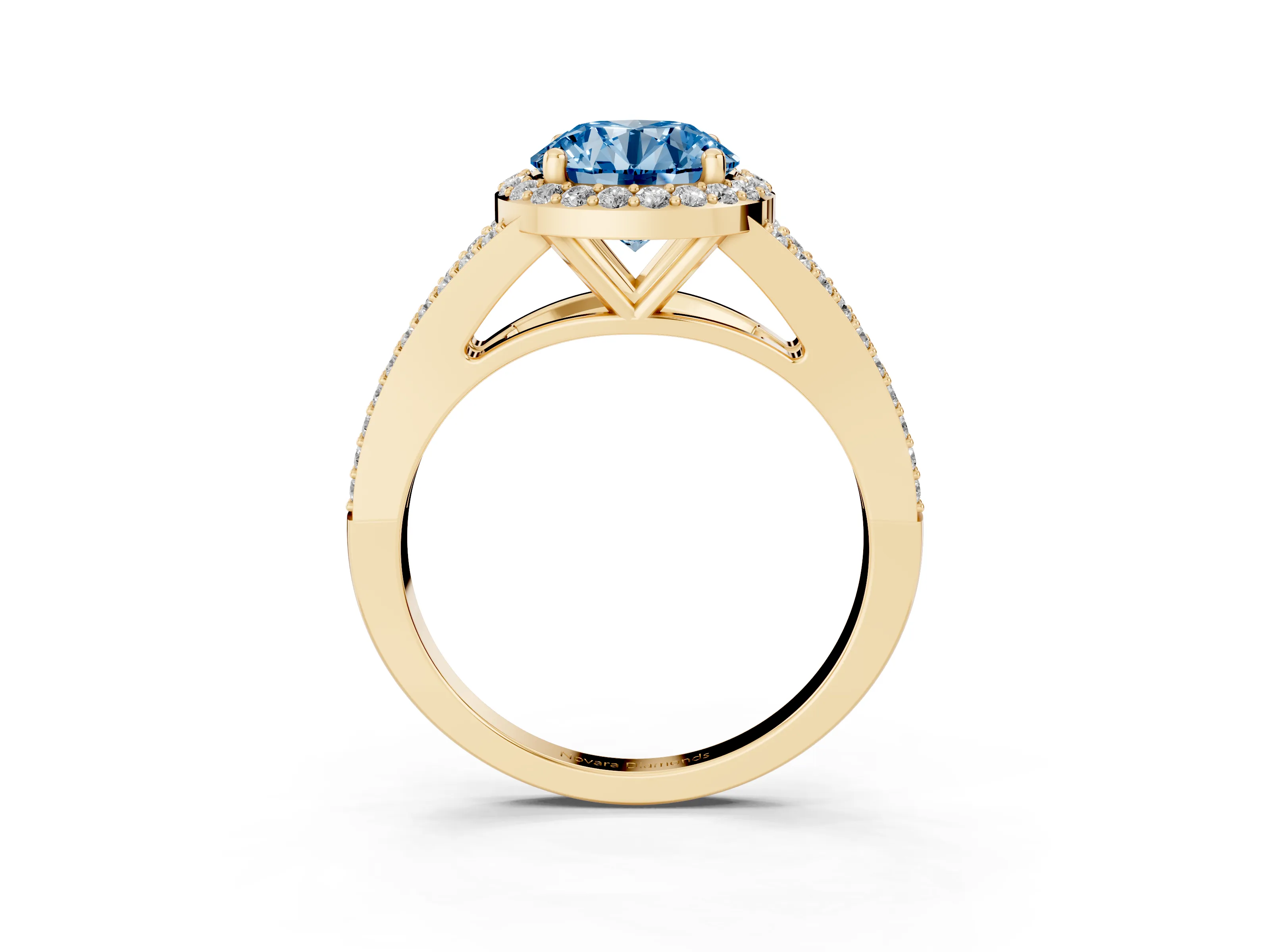 Fancy Blue Round Cut Diamond Halo Split Shank Pavé Ring Set in Yellow gold with Prong Setting