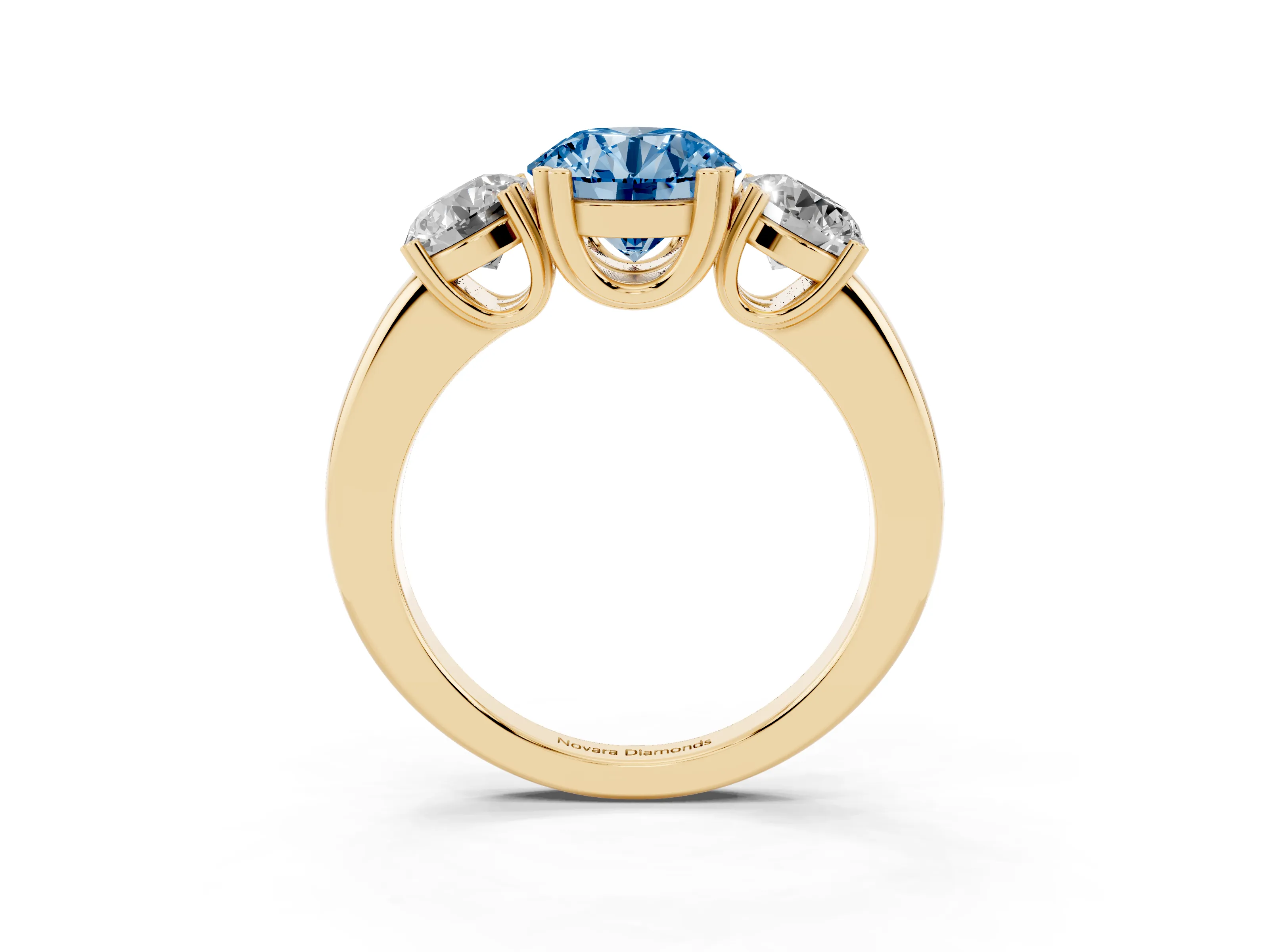 Fancy Blue Round Cut Diamond Three-Stone Ring Set in Yellow gold with Polished Channel-Set Band
