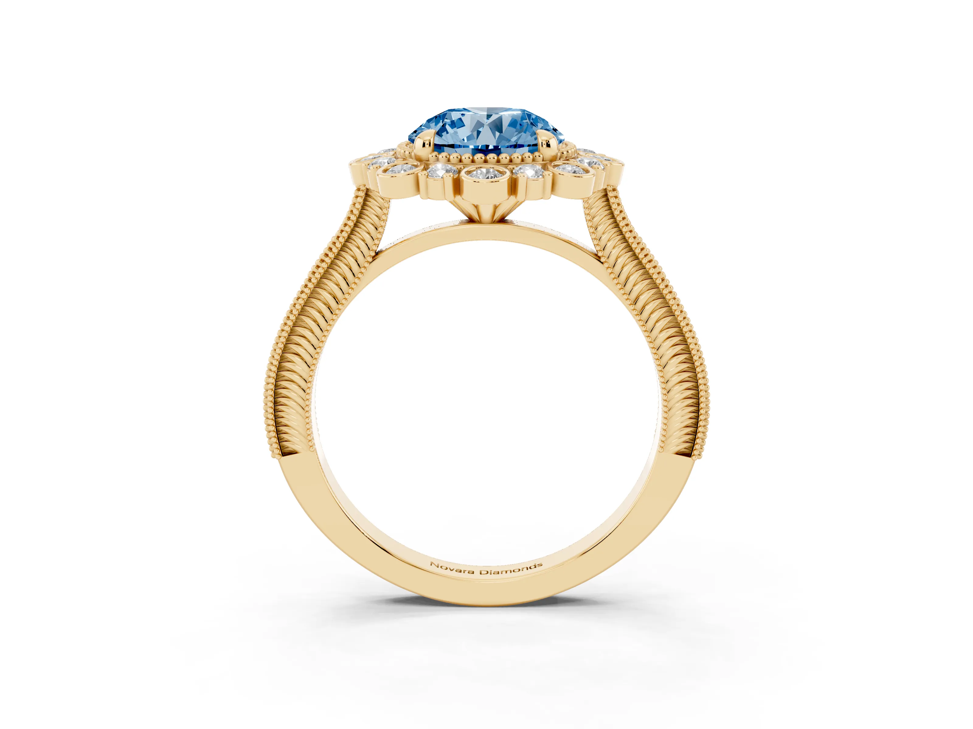 Fancy Blue Round Cut Diamond Halo Milgrain Pavé Ring Set in Yellow gold with Prong Setting