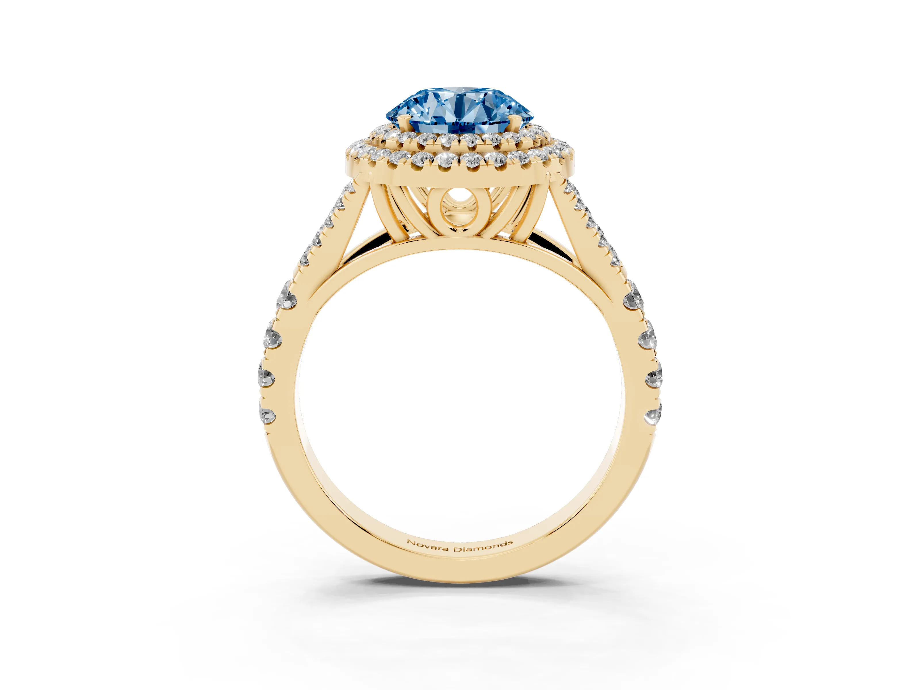 Fancy Blue Round Cut Diamond Pavé Split Shank Double Halo Engagement Ring Set in Yellow gold