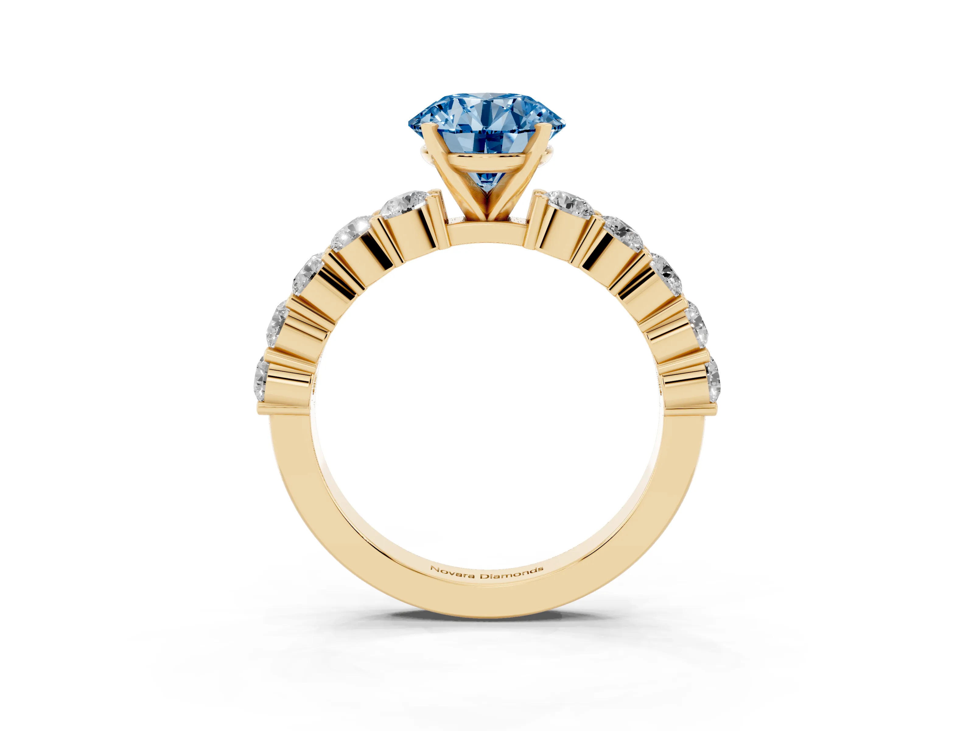 Fancy Blue Round Cut Diamond Solitaire Ring Set in Yellow gold with Shared Prong Round Side Stones