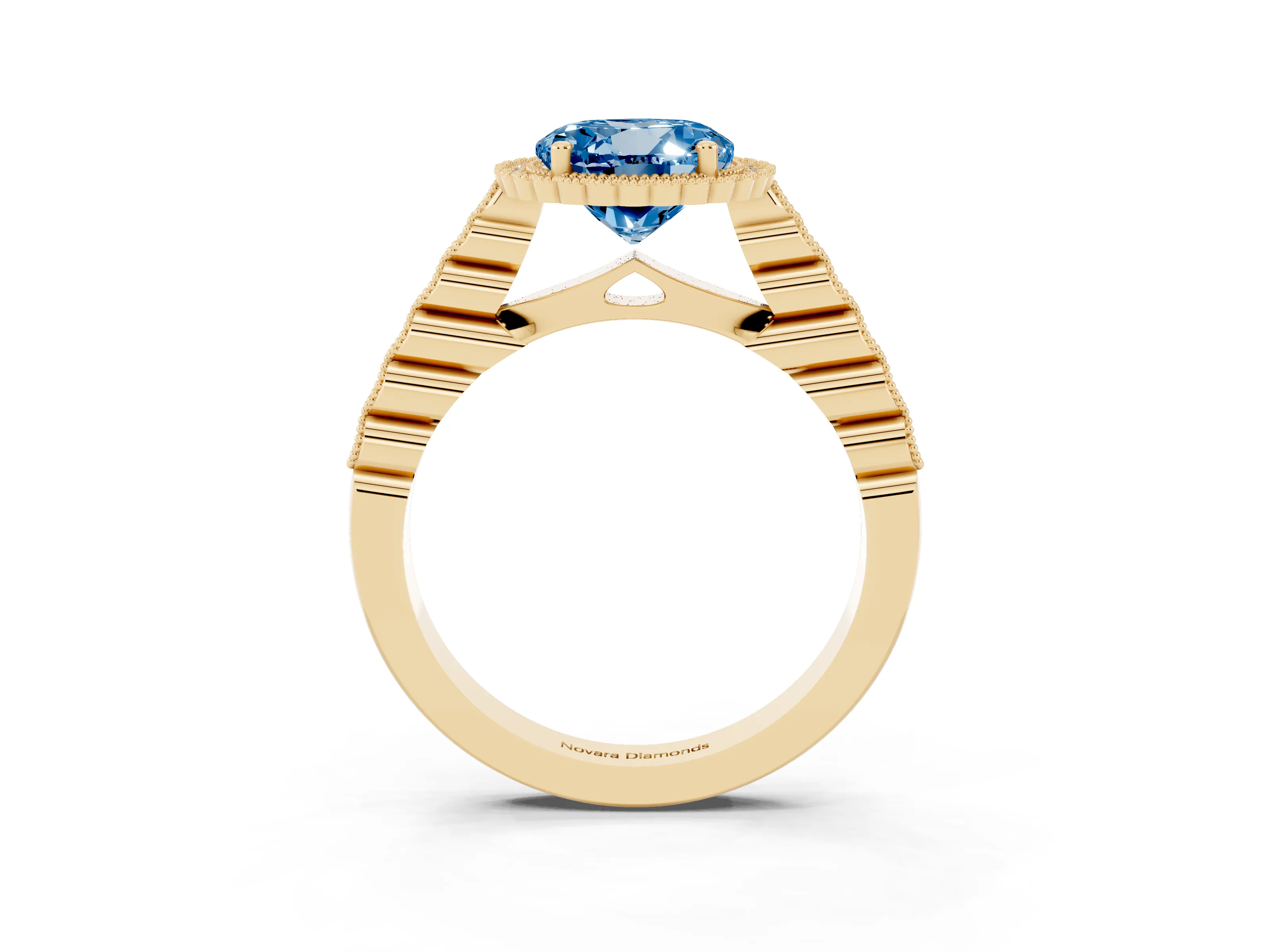 Fancy Blue Round Cut Diamond Halo Ring Set in Yellow gold with Pavé Milgrain Band