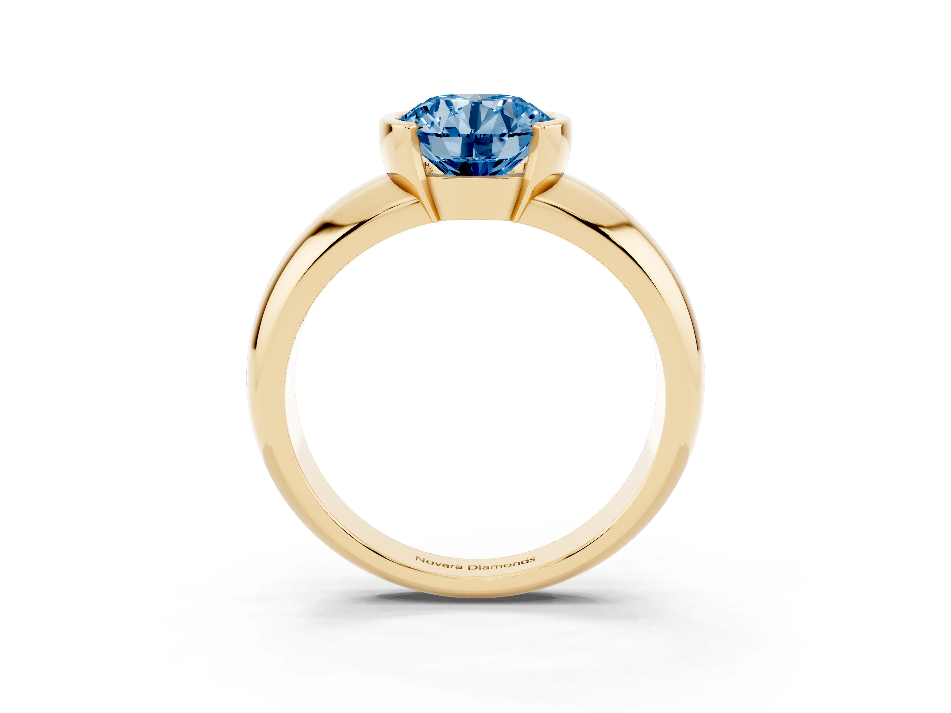 Fancy Blue Round Cut Diamond Solitaire Tension Set Ring Set in Yellow gold with Wide Band