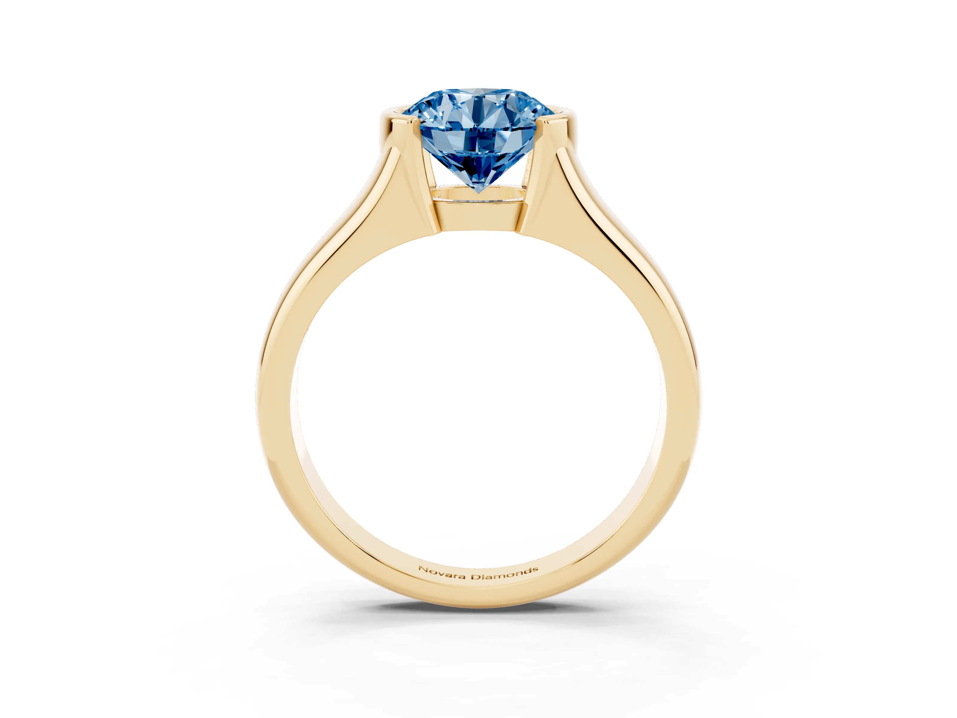 Fancy Blue Round Cut Diamond Solitaire Tension Set Ring Set in Yellow gold with Split Shank Band