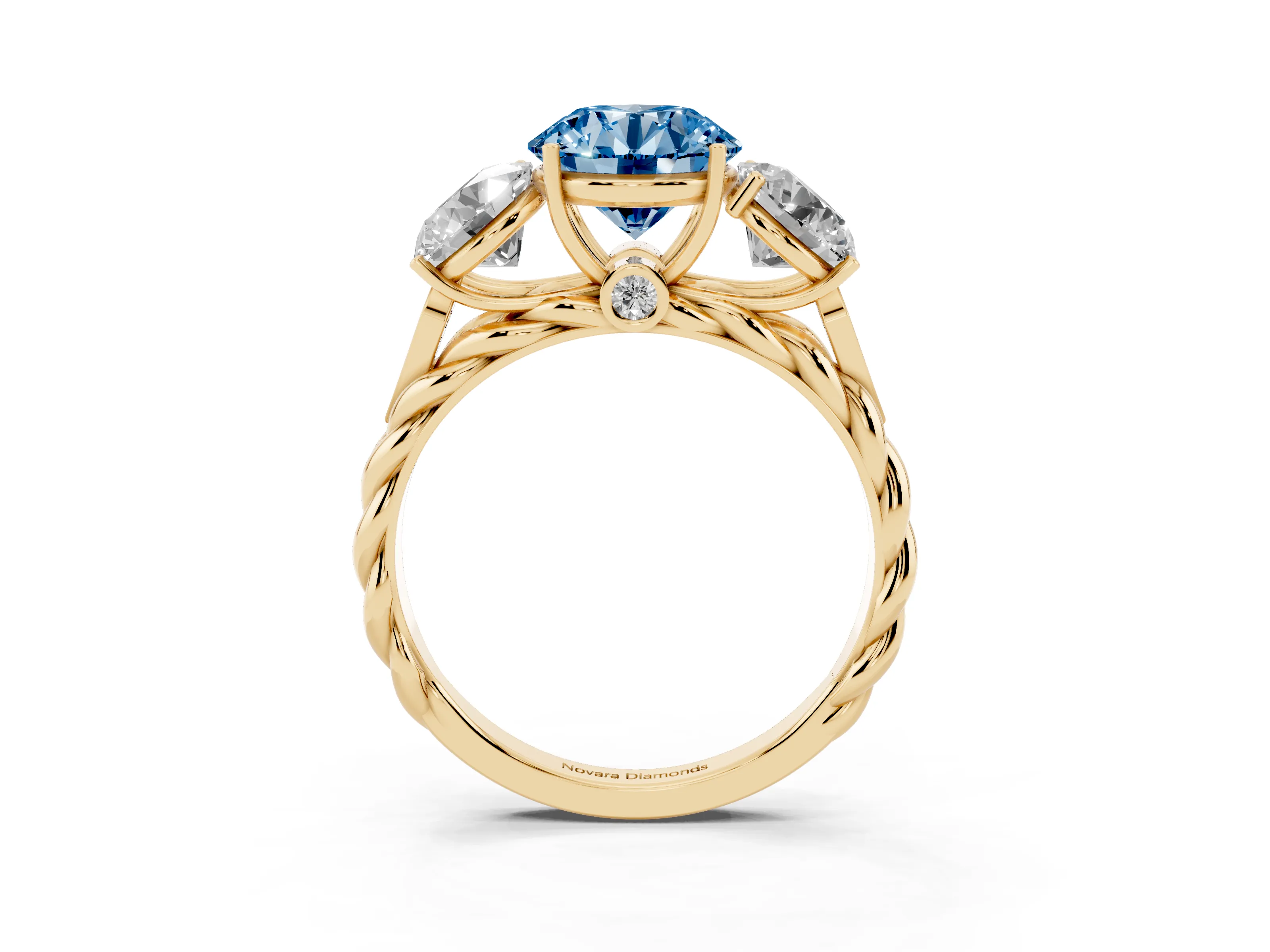 Fancy Blue Round Cut Diamond Three-Stone Ring Set in Yellow gold with Braided Band